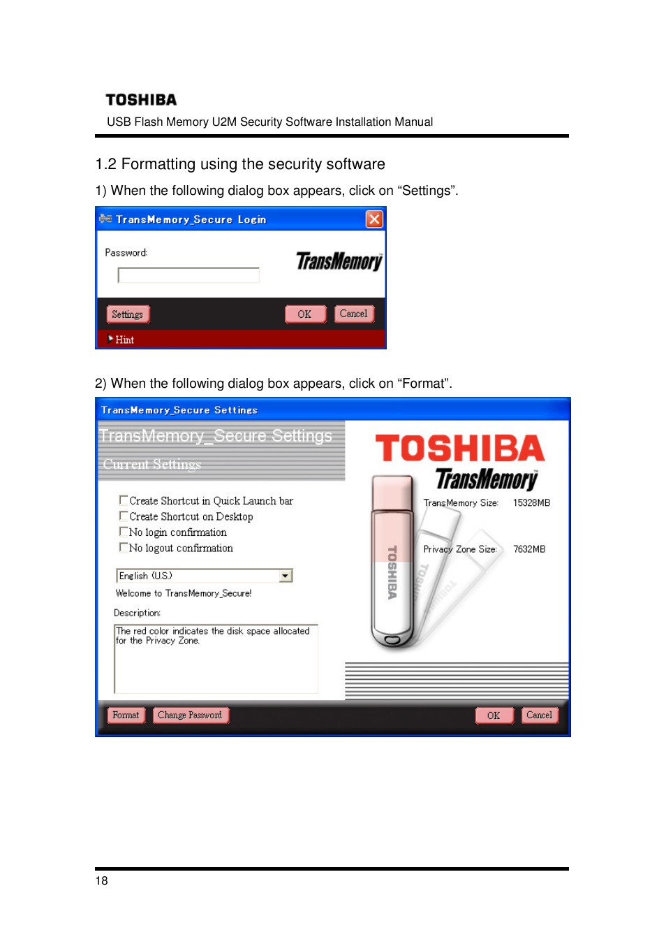 2 formatting using the security software | Toshiba TRANSMEMORY U2M-004GT User Manual | Page 18 / 26
