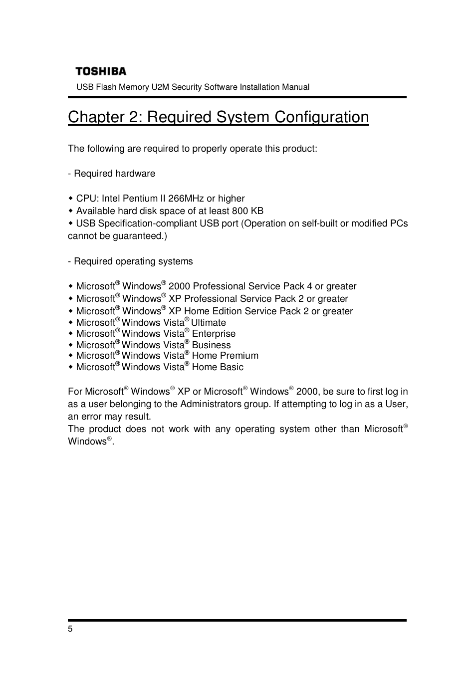 Chapter 2: required system configuration | Toshiba TRANSMEMORY U2M-004GT User Manual | Page 5 / 26