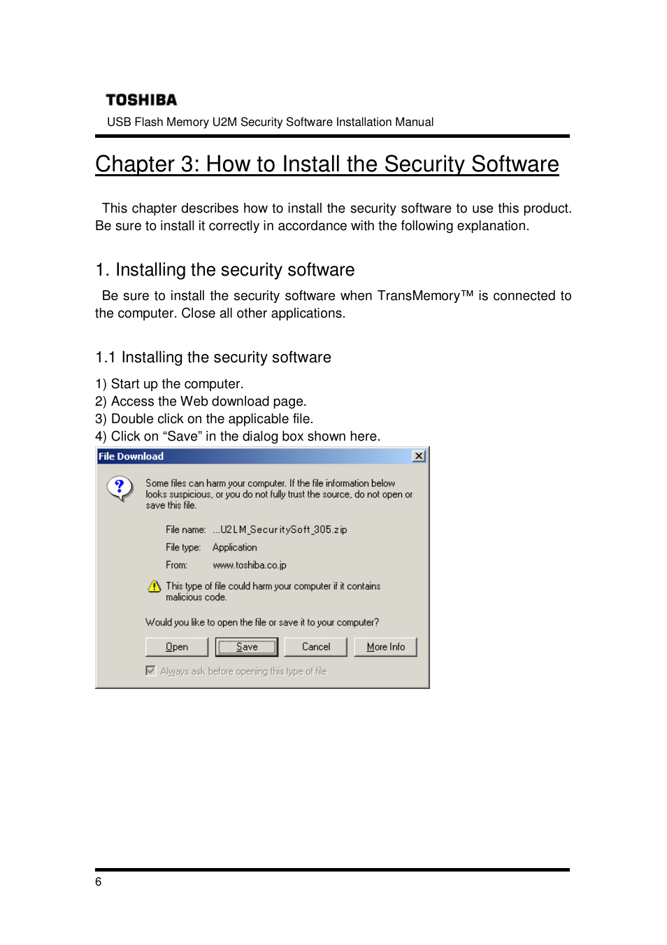 Chapter 3: how to install the security software, Installing the security software | Toshiba TRANSMEMORY U2M-004GT User Manual | Page 6 / 26