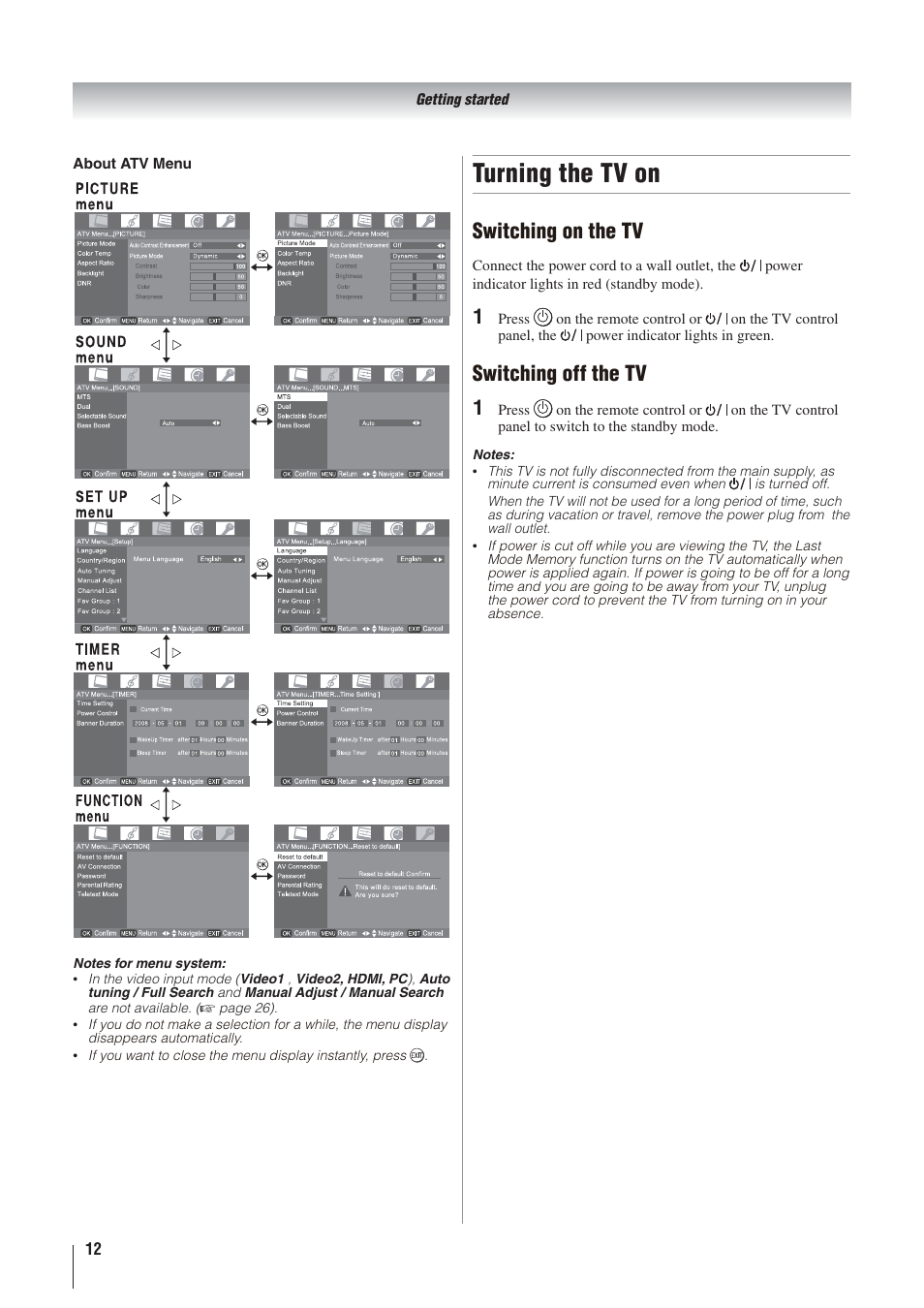 Turning the tv on, Switching on the tv, Switching off the tv | Toshiba 32AV500A User Manual | Page 12 / 39