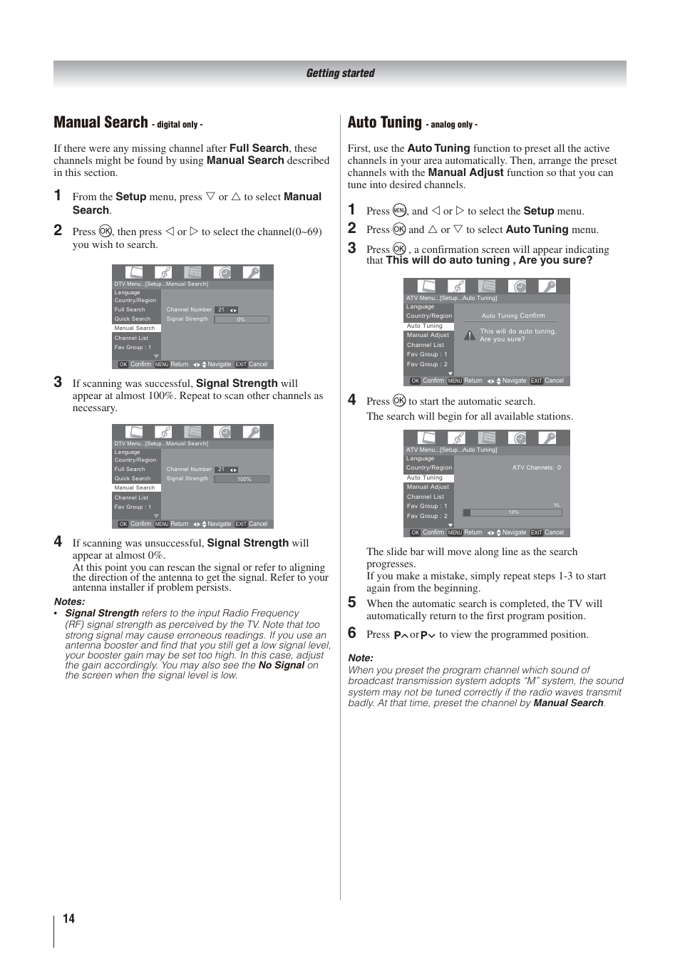 Manual search, Auto tuning, Getting started | Toshiba 32AV500A User Manual | Page 14 / 39