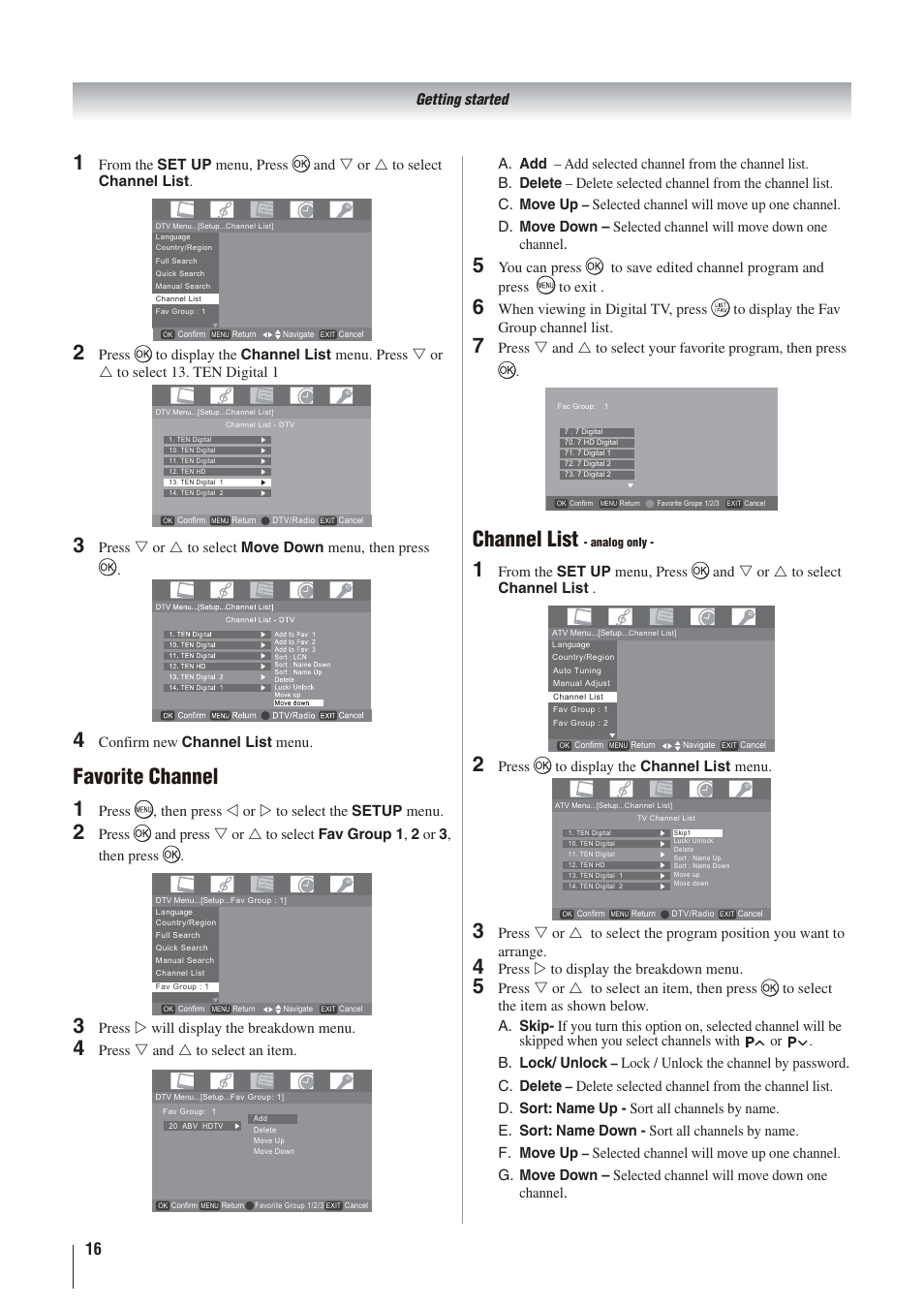 Favorite channel, Channel list, Press to display the channel list menu | A. b. c. d. e. f. g | Toshiba 32AV500A User Manual | Page 16 / 39