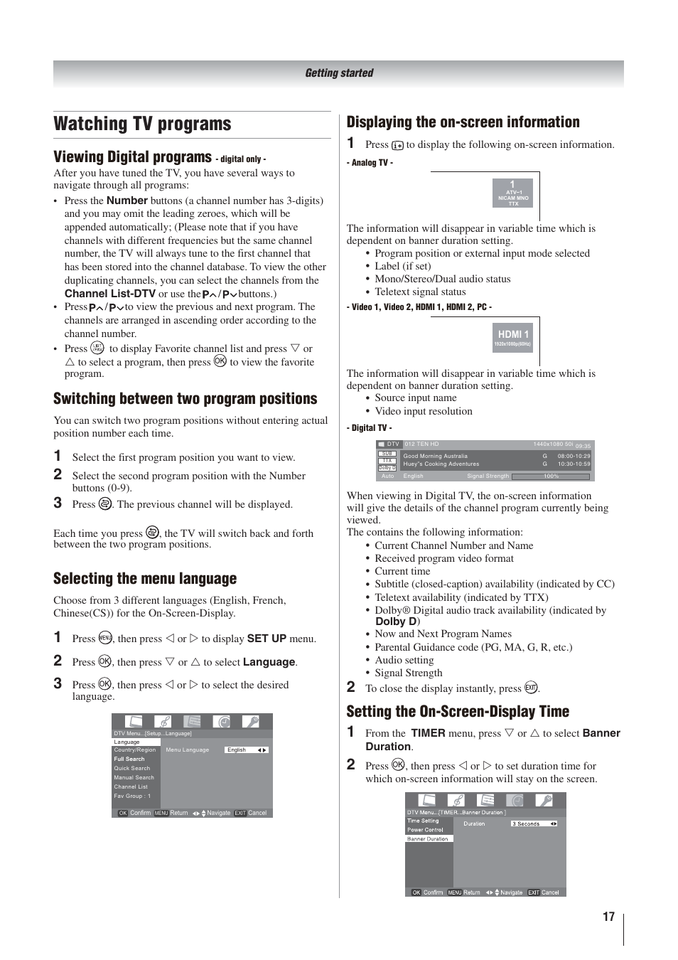 Watching tv programs, Viewing digital programs, Switching between two program positions | Selecting the menu language, Setting the on-screen-display time | Toshiba 32AV500A User Manual | Page 17 / 39