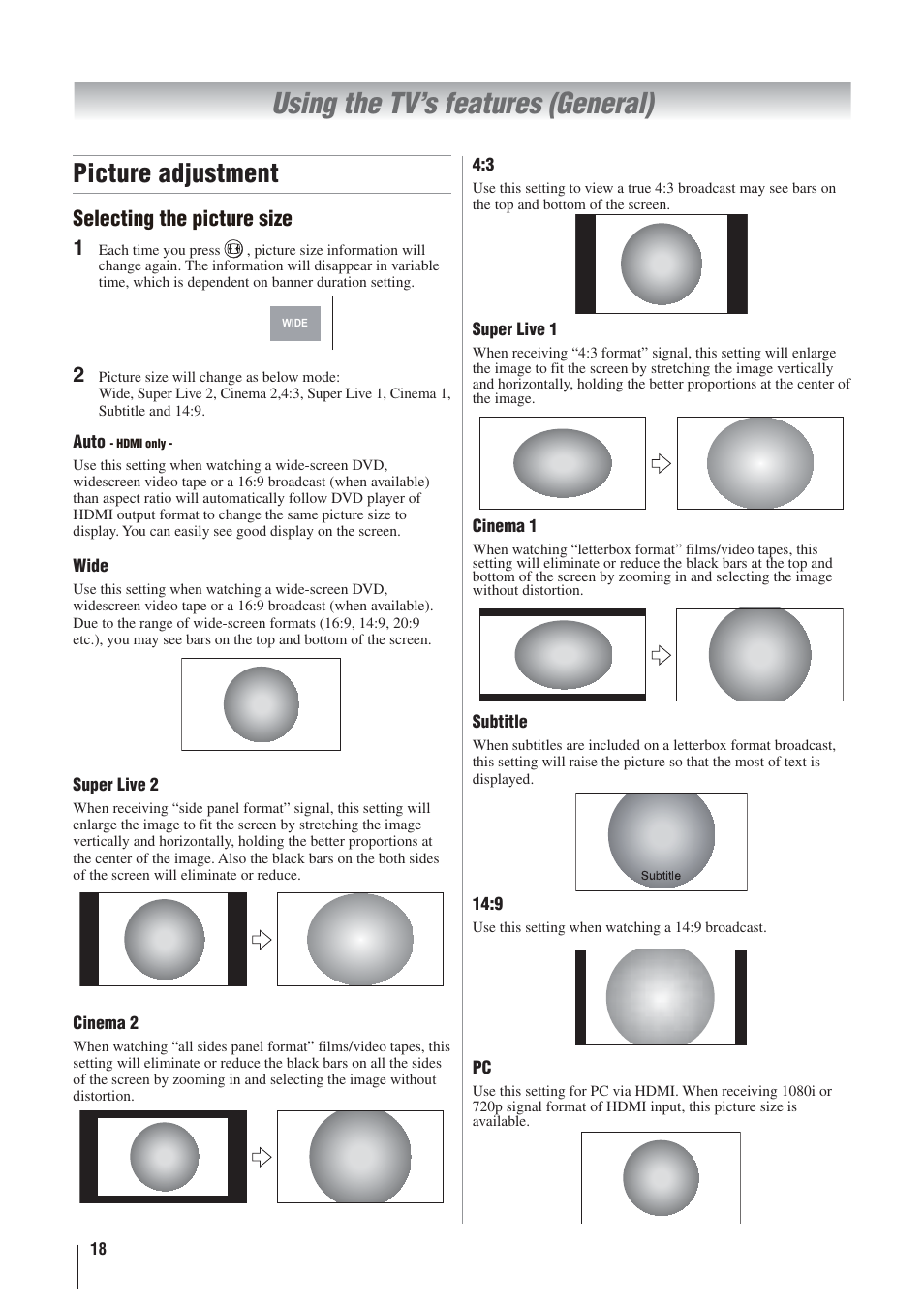 Using the tv’s features (general), Picture adjustment, Selecting the picture size | Toshiba 32AV500A User Manual | Page 18 / 39