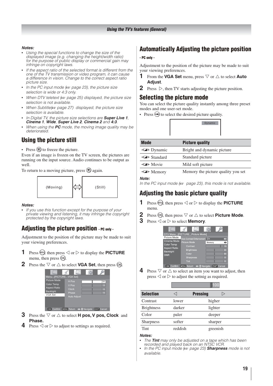 Using the picture still, Adjusting the picture position, Selecting the picture mode | Adjusting the basic picture quality | Toshiba 32AV500A User Manual | Page 19 / 39