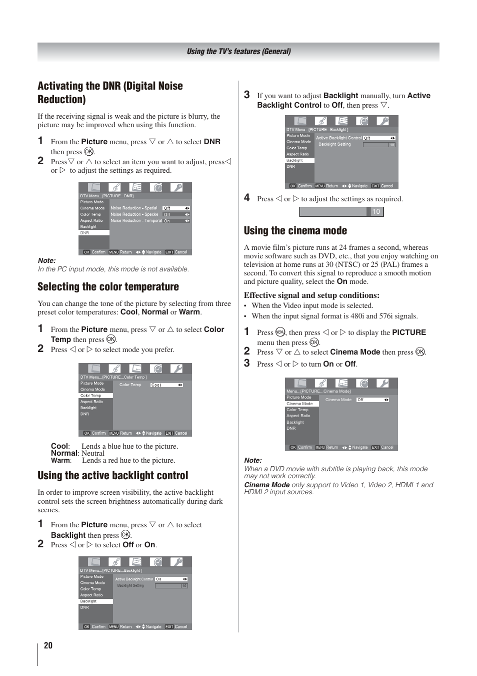 Using the cinema mode, 12 3 activating the dnr (digital noise reduction), Selecting the color temperature | Using the active backlight control | Toshiba 32AV500A User Manual | Page 20 / 39