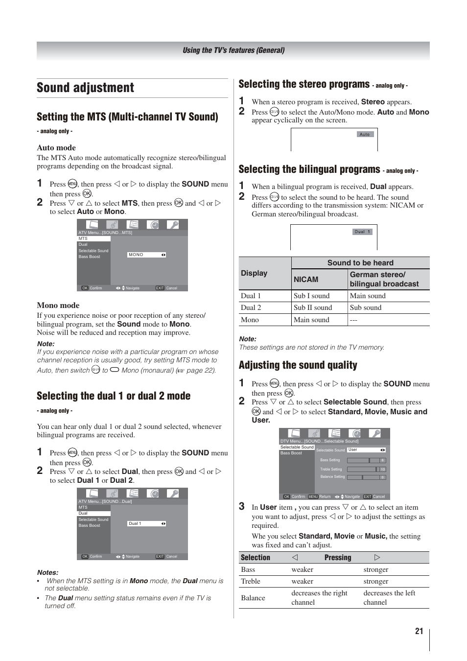 Sound adjustment, Setting the mts (multi-channel tv sound), Selecting the dual 1 or dual 2 mode | Selecting the stereo programs, Selecting the bilingual programs, Adjusting the sound quality | Toshiba 32AV500A User Manual | Page 21 / 39