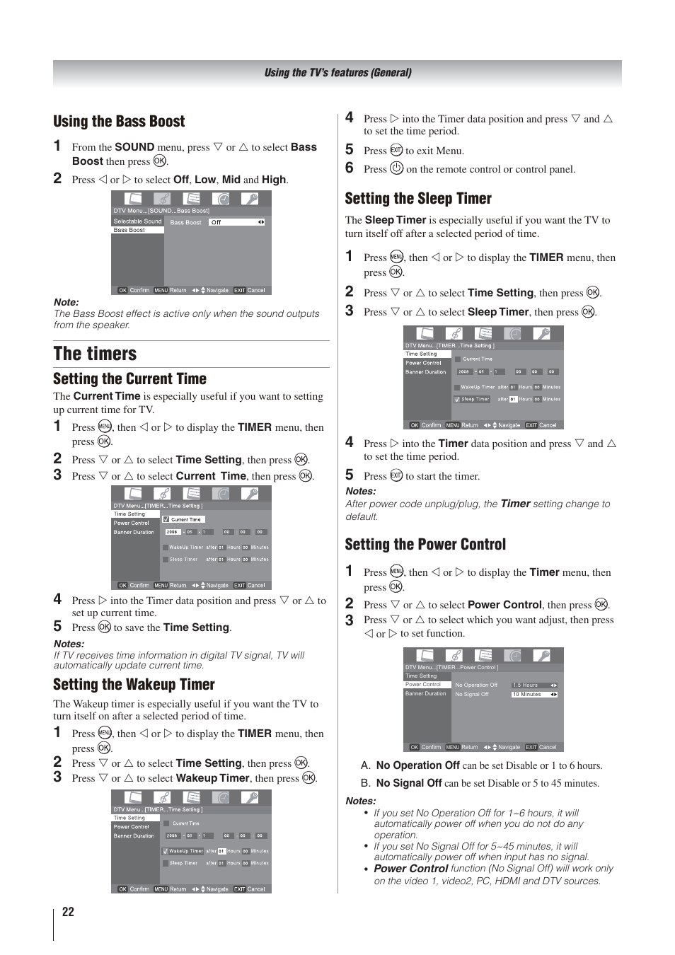 The timers, Setting the sleep timer, Setting the power control | Using the bass boost, Setting the current time, Setting the wakeup timer | Toshiba 32AV500A User Manual | Page 22 / 39