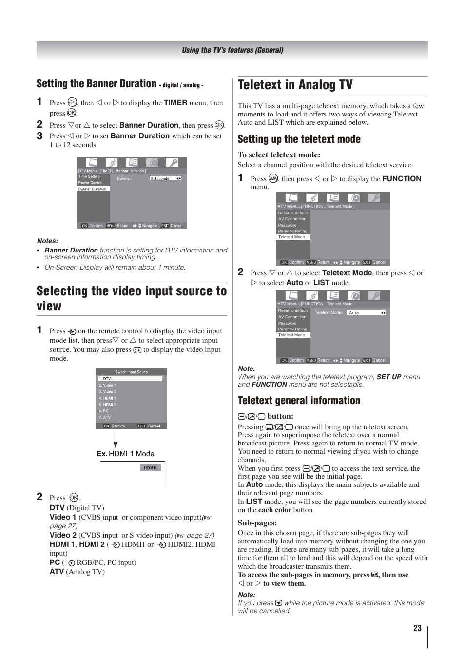 Selecting the video input source to view, Teletext in analog tv, Setting the banner duration | Setting up the teletext mode, Teletext general information | Toshiba 32AV500A User Manual | Page 23 / 39