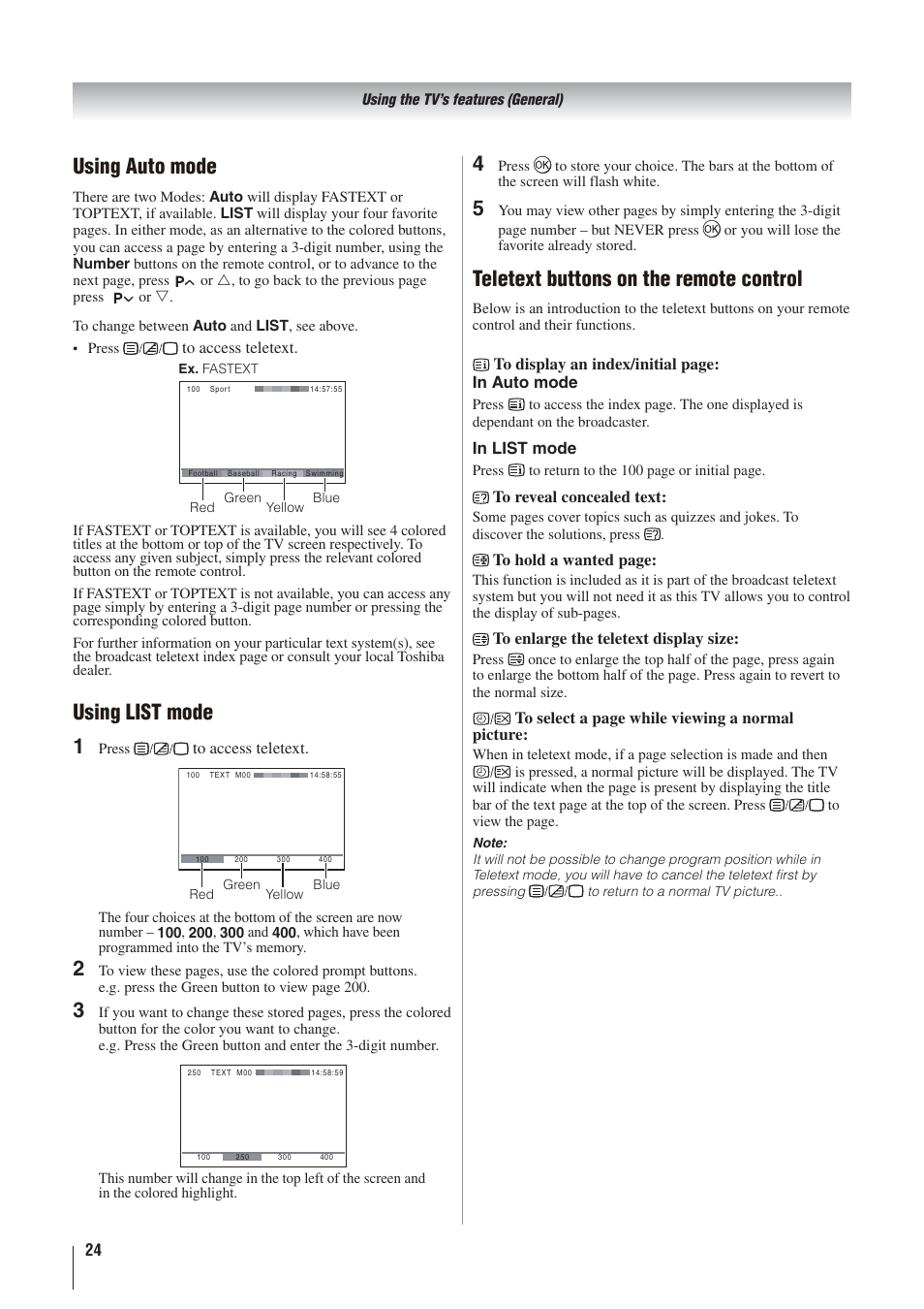 Teletext buttons on the remote control, 45 using auto mode, Using list mode | Toshiba 32AV500A User Manual | Page 24 / 39