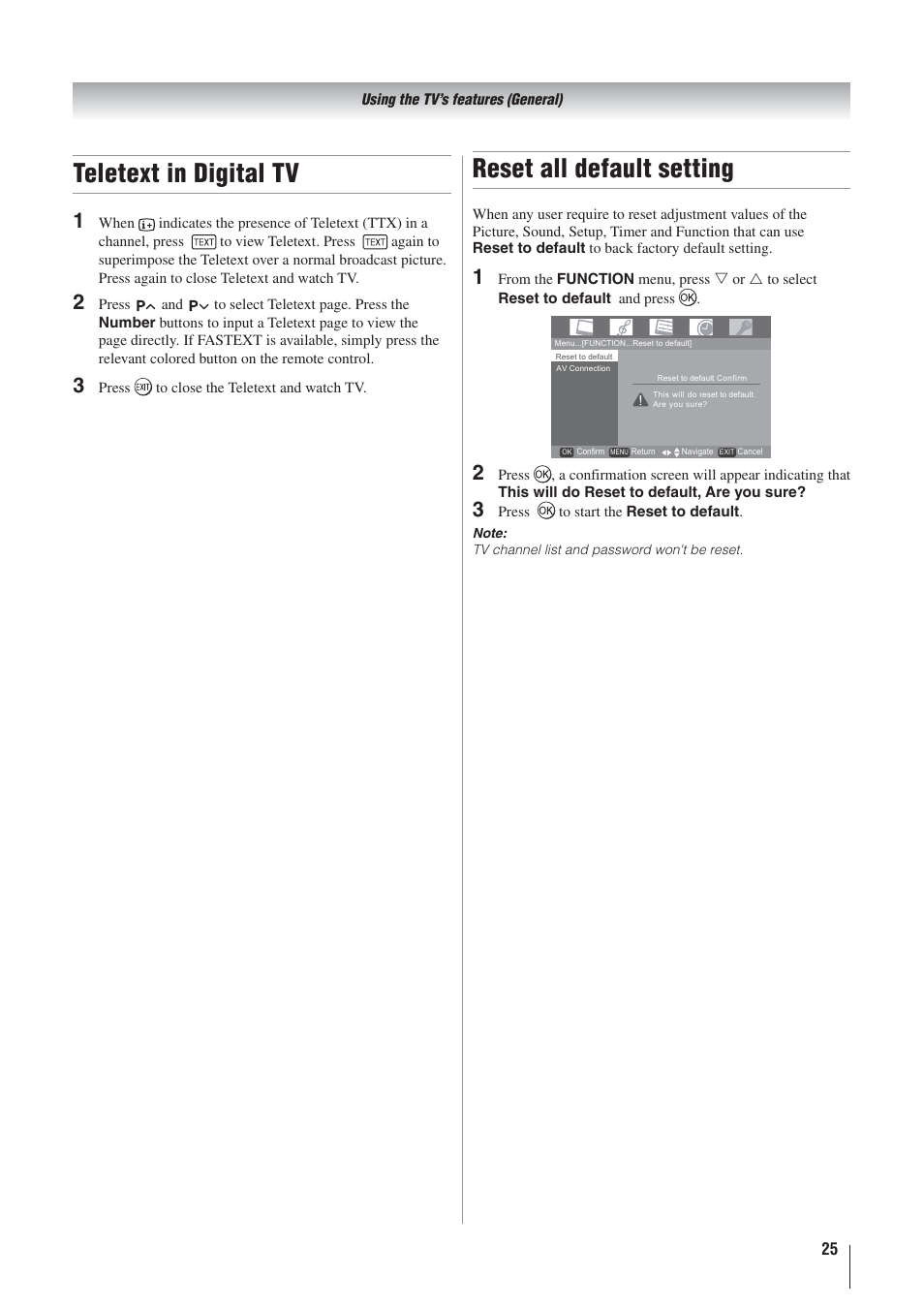 Teletext in digital tv, Reset all default setting | Toshiba 32AV500A User Manual | Page 25 / 39