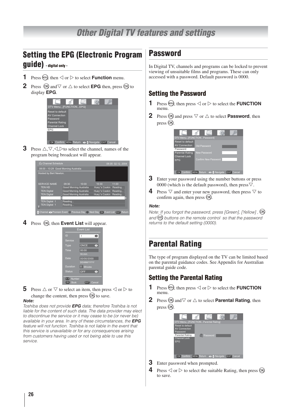 Other digital tv features and settings, Setting the epg (electronic program guide), Password | Parental rating, Setting the password, Setting the parental rating | Toshiba 32AV500A User Manual | Page 26 / 39