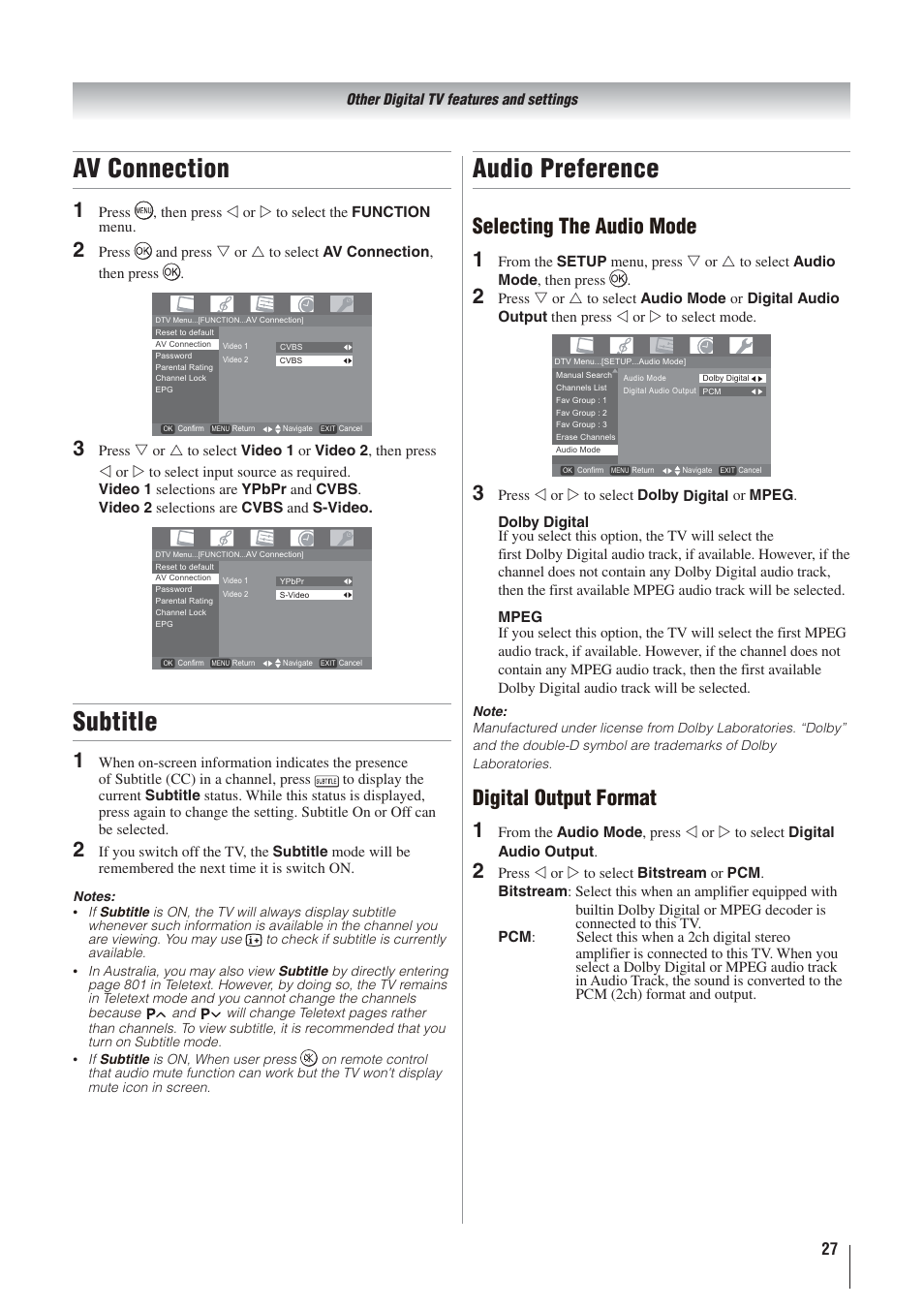 Av connection, Subtitle, Audio preference | Selecting the audio mode, Digital output format | Toshiba 32AV500A User Manual | Page 27 / 39