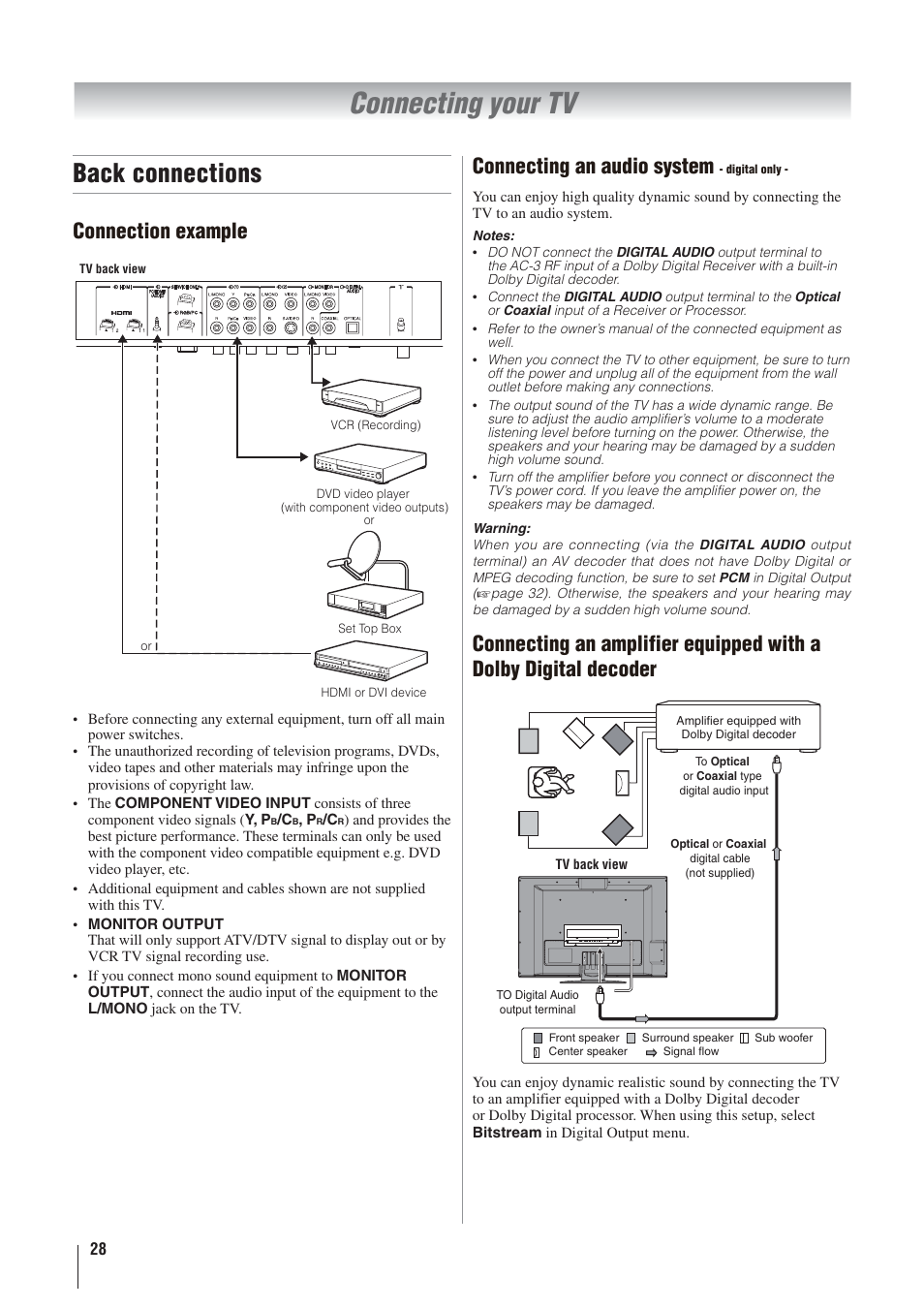 Connecting your tv, Back connections, Connection example | Connecting an audio system | Toshiba 32AV500A User Manual | Page 28 / 39