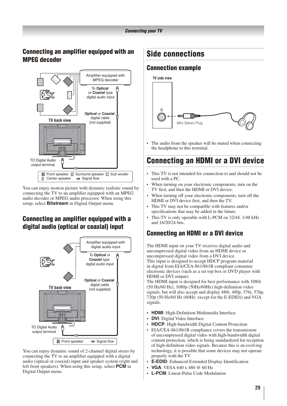 Side connections, Connecting an hdmi or a dvi device, Connection example | Toshiba 32AV500A User Manual | Page 29 / 39