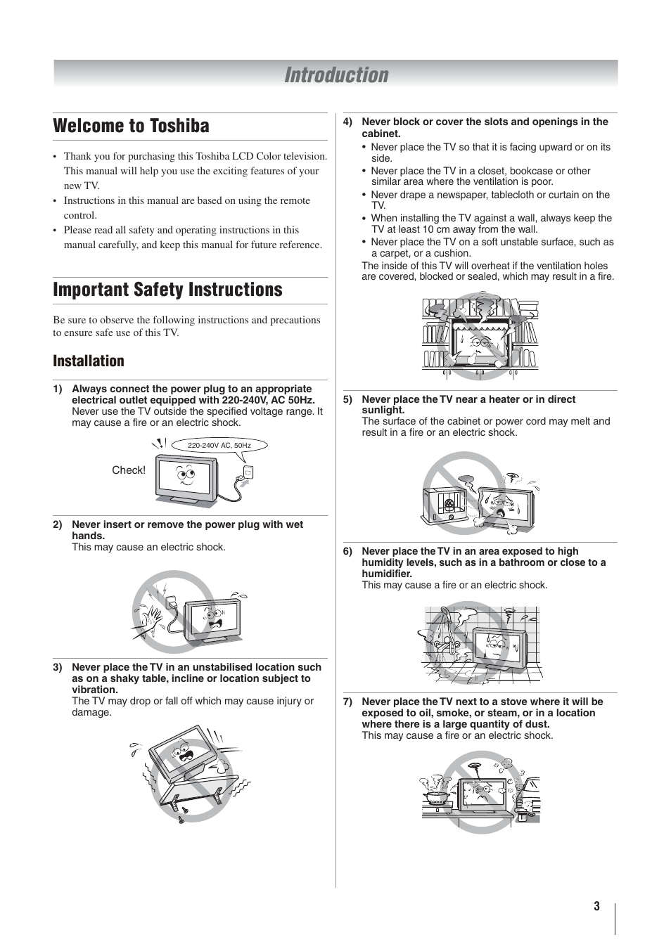 Introduction, Welcome to toshiba, Important safety instructions | Installation | Toshiba 32AV500A User Manual | Page 3 / 39