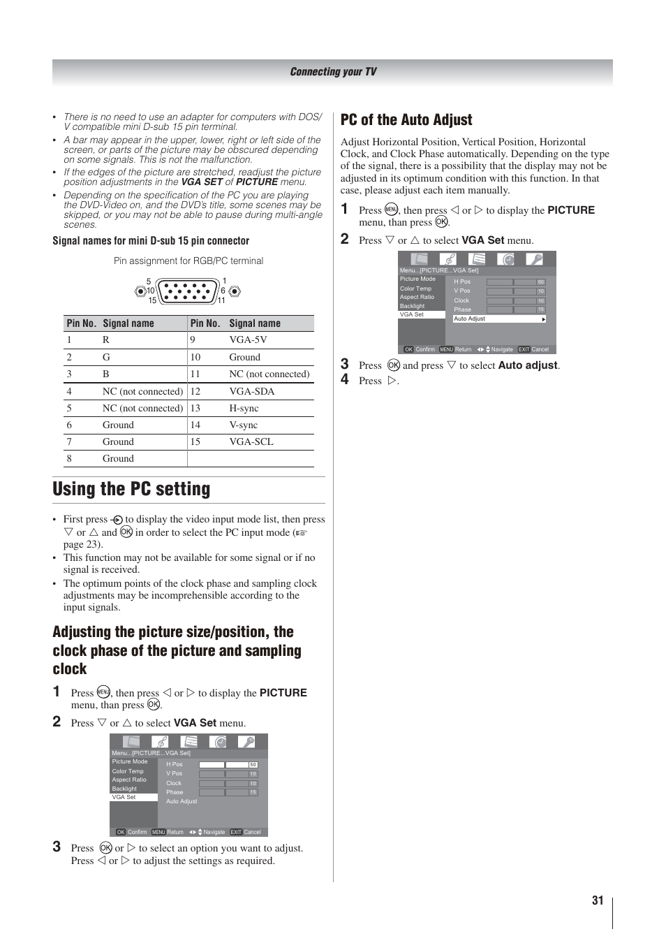 Using the pc setting, 12 3 pc of the auto adjust | Toshiba 32AV500A User Manual | Page 31 / 39