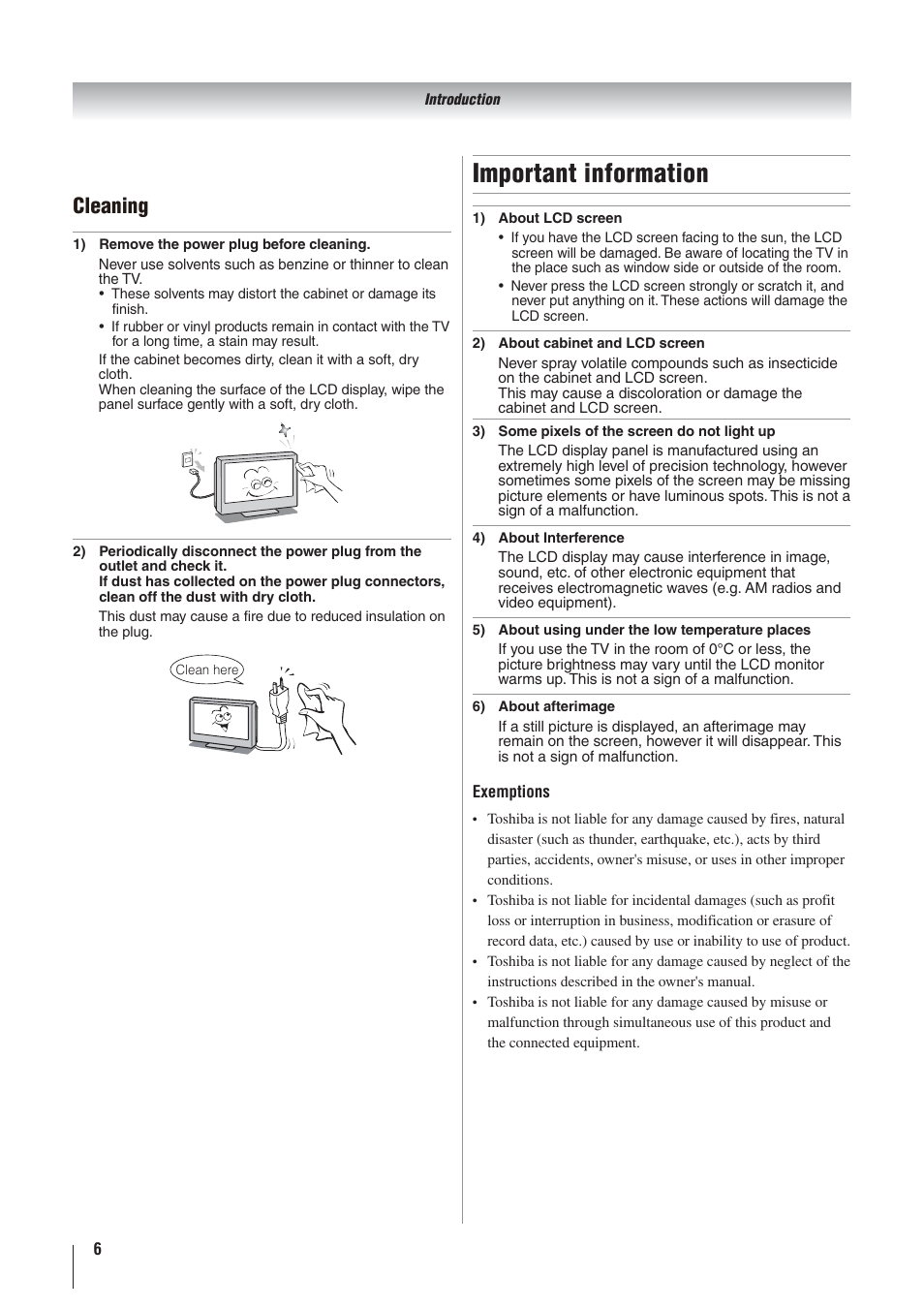 Important information, Cleaning | Toshiba 32AV500A User Manual | Page 6 / 39