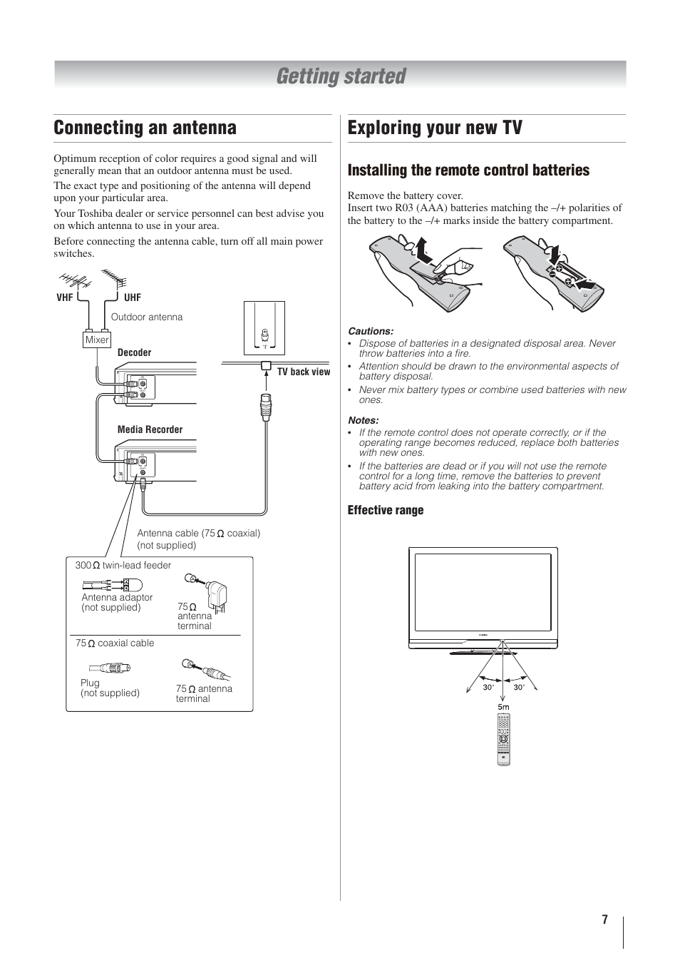 Getting started, Connecting an antenna, Exploring your new tv | Installing the remote control batteries | Toshiba 32AV500A User Manual | Page 7 / 39