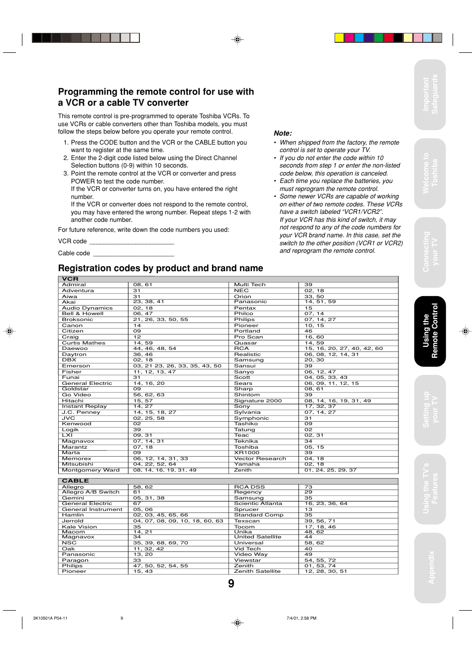 Registration codes by product and brand name, Using the remote control | Toshiba 27AX61 User Manual | Page 11 / 32