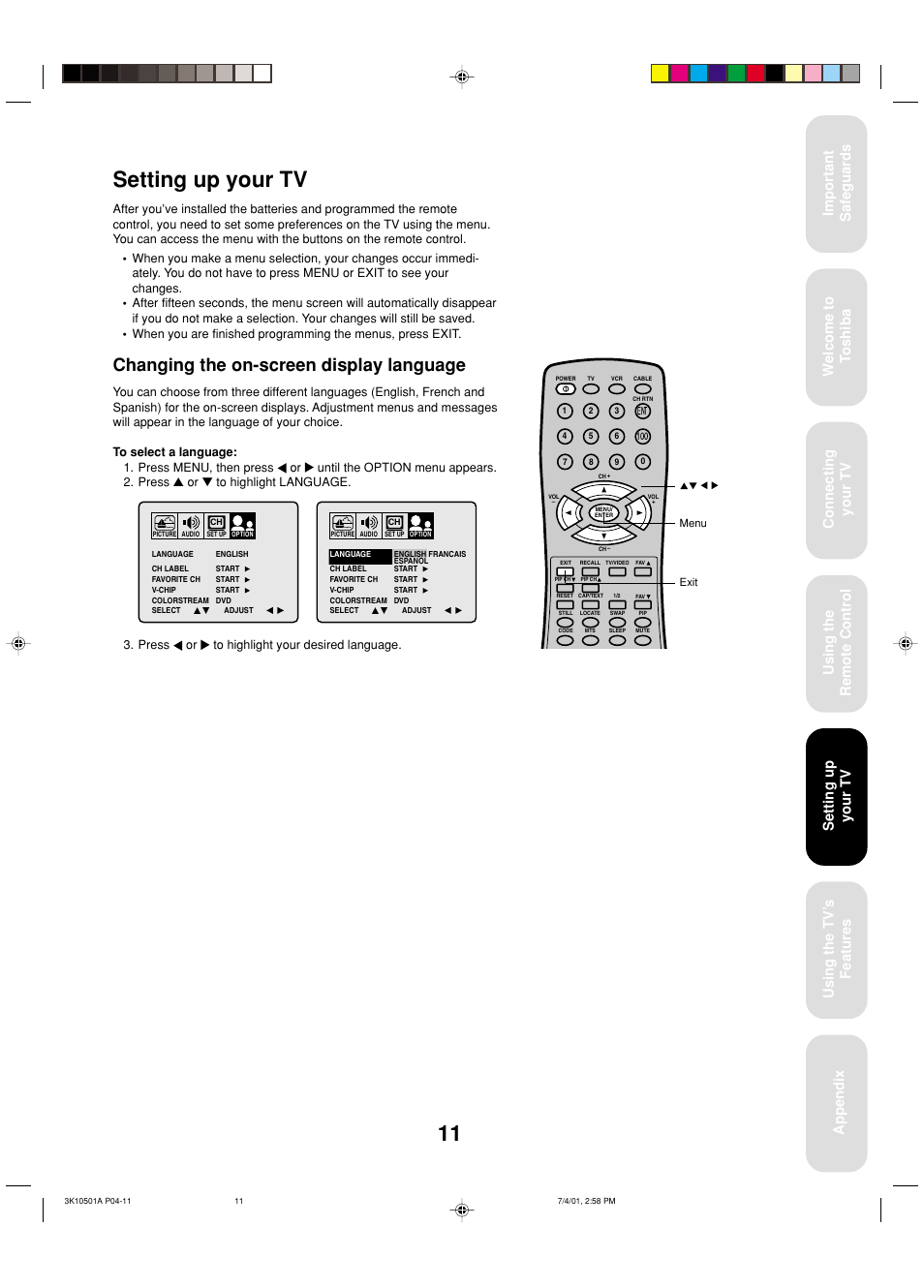 Setting up your tv, Changing the on-screen display language | Toshiba 27AX61 User Manual | Page 13 / 32