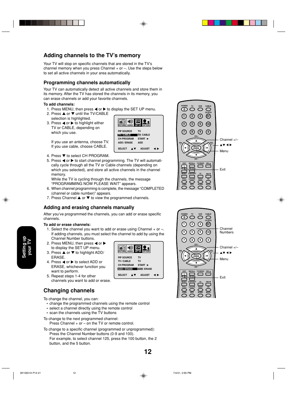 Adding channels to the tv's memory, Changing channels, Programming channels automatically | Adding and erasing channels manually, Setting up your tv | Toshiba 27AX61 User Manual | Page 14 / 32