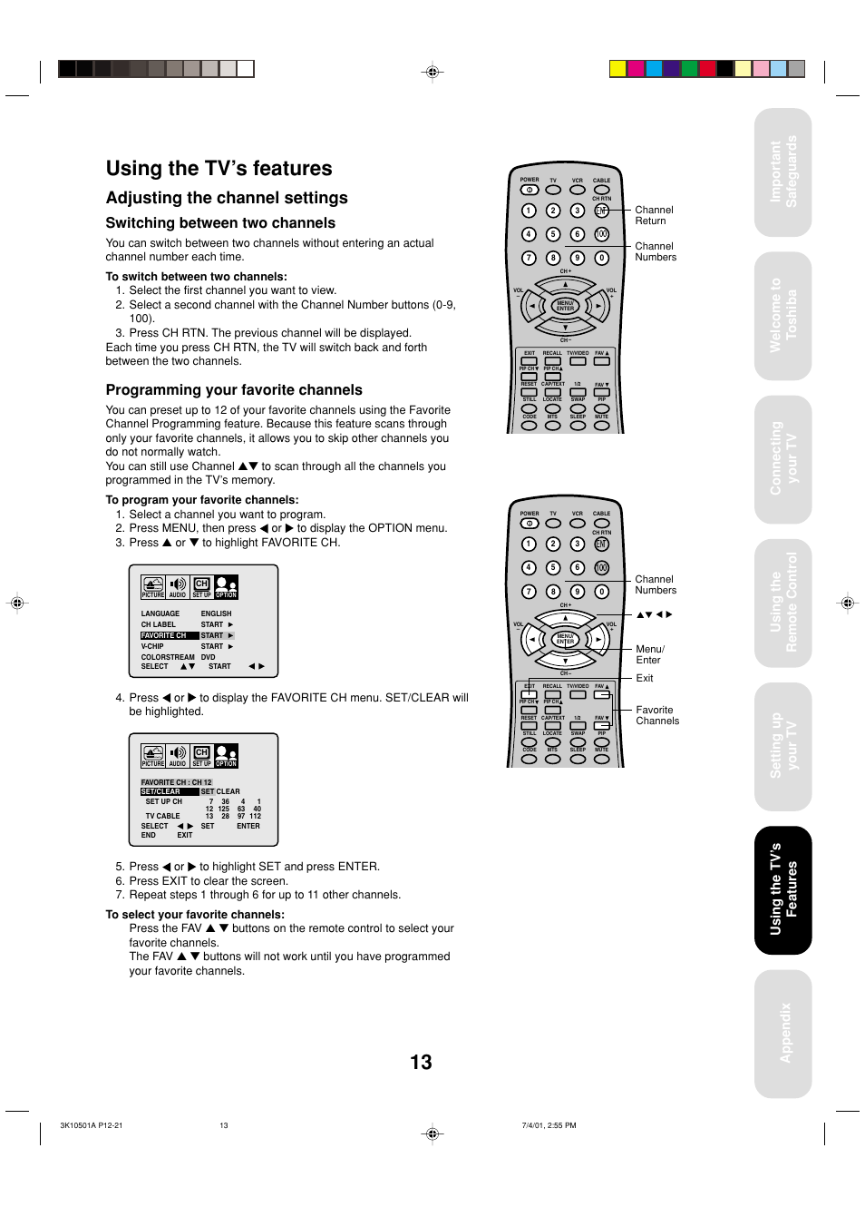 Using the tv's features, Adjusting the channel settings, Using the tv’s features | Switching between two channels, Programming your favorite channels, Using the tv ’s features | Toshiba 27AX61 User Manual | Page 15 / 32