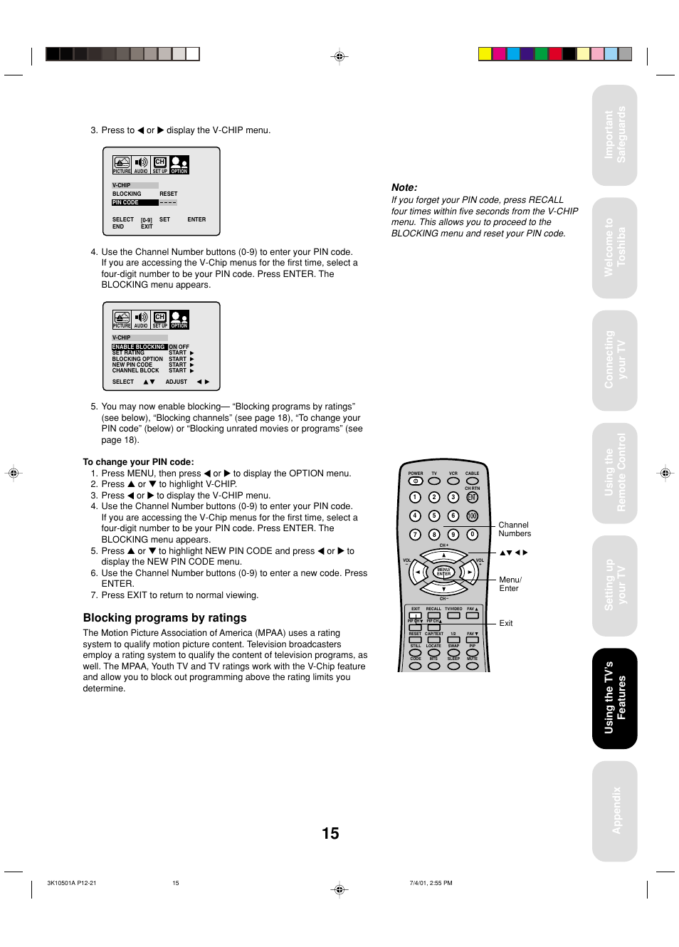 Blocking programs by ratings, Using the tv ’s features | Toshiba 27AX61 User Manual | Page 17 / 32