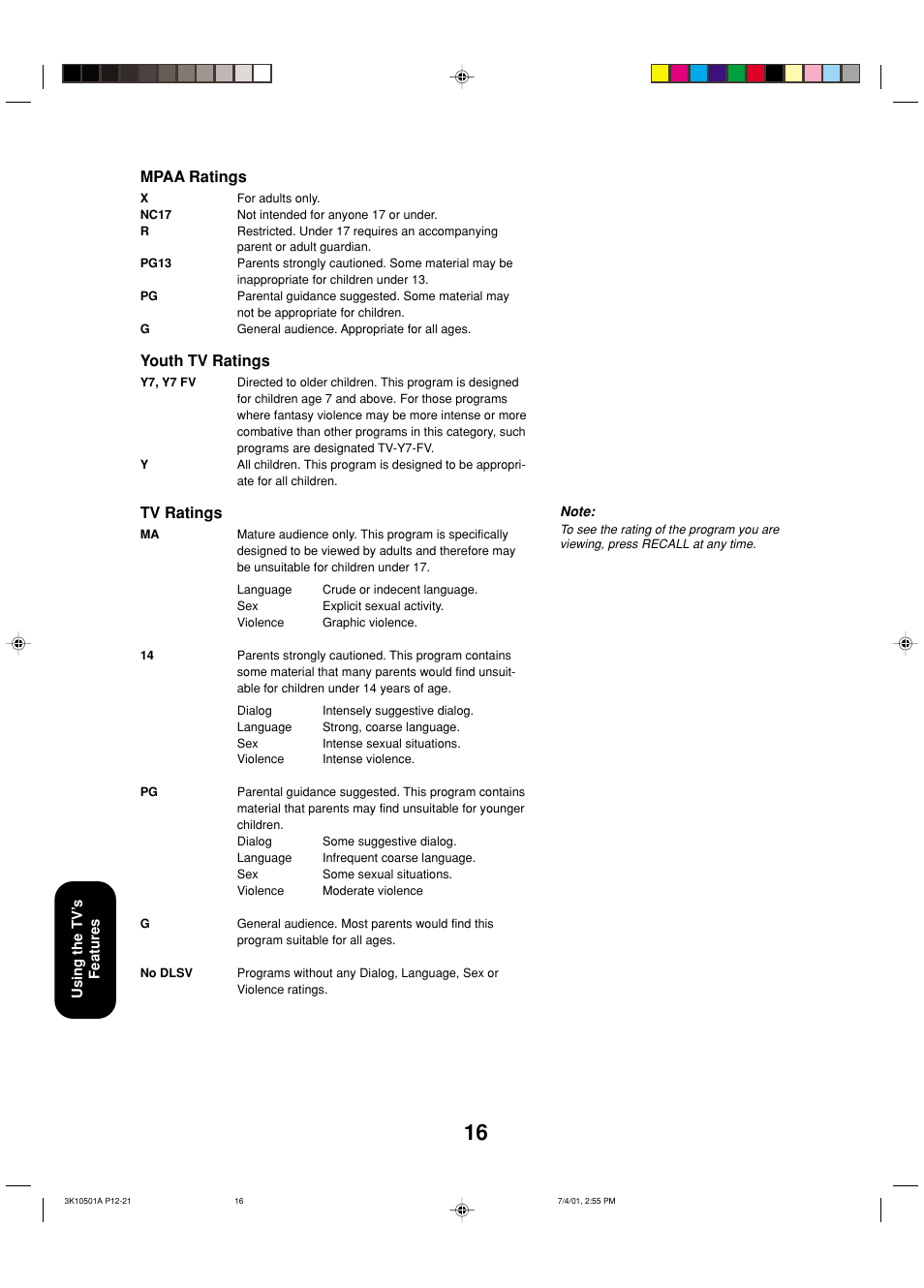 Mpaa ratings, Youth tv ratings, Tv ratings | Toshiba 27AX61 User Manual | Page 18 / 32