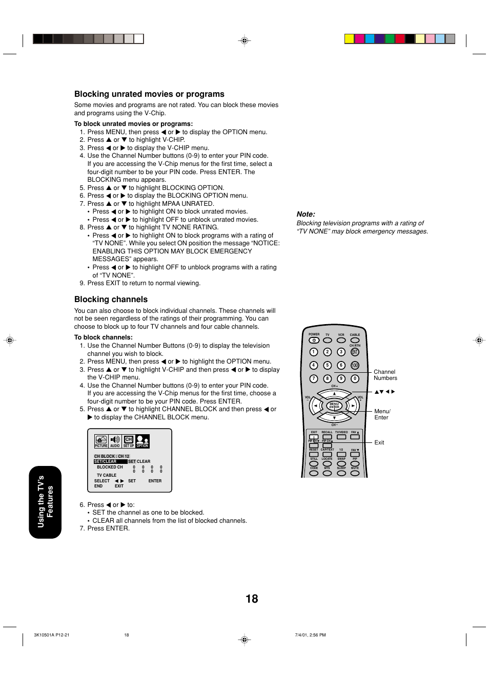 Blocking unrated movies or programs, Blocking channels, Using the tv ’s features | Toshiba 27AX61 User Manual | Page 20 / 32