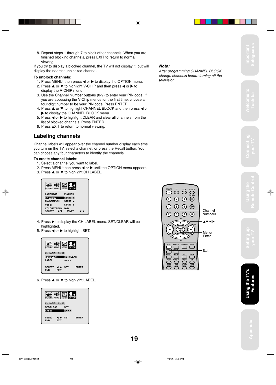 Labeling channels, Using the tv ’s features | Toshiba 27AX61 User Manual | Page 21 / 32