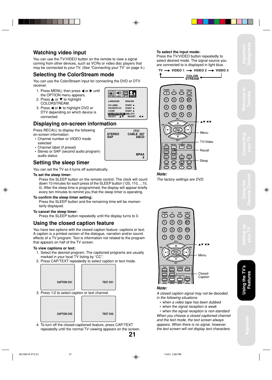 Selecting the colorstream mode, Closed caption, Watching video input | Displaying on-screen information, Setting the sleep timer, Using the closed caption feature, The factory settings are dvd | Toshiba 27AX61 User Manual | Page 23 / 32