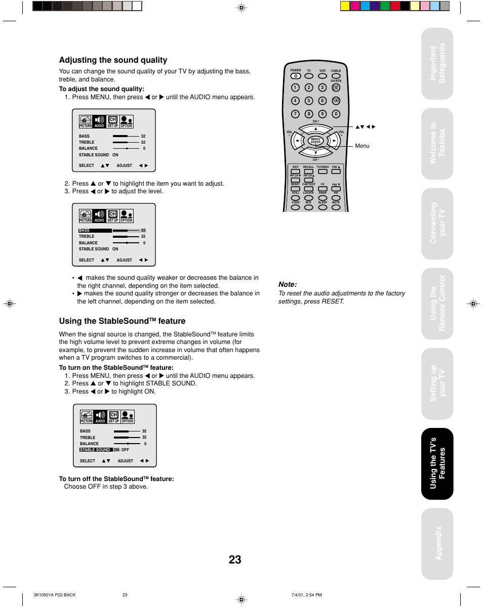 Adjusting the sound quality, Using the stablesound, Feature | Using the tv ’s features | Toshiba 27AX61 User Manual | Page 25 / 32