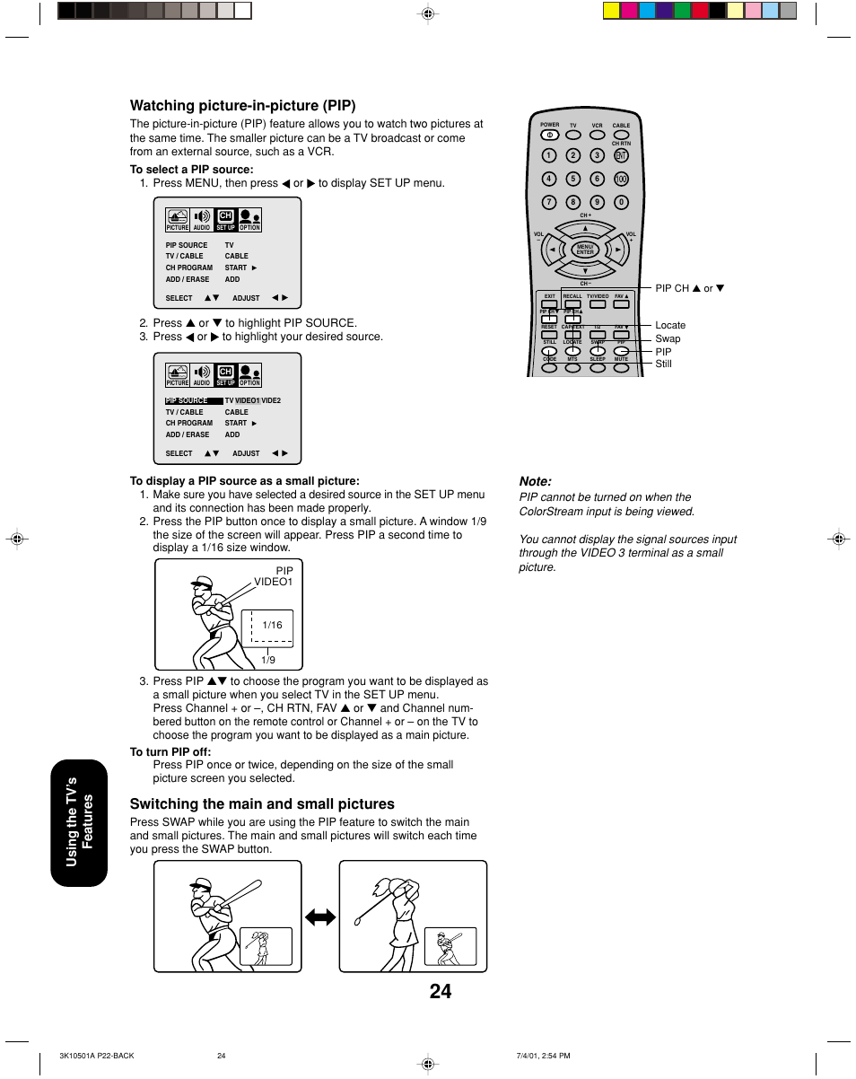 Watching pip, Watching picture-in-picture (pip), Switching the main and small pictures | Using the tv ’s features | Toshiba 27AX61 User Manual | Page 26 / 32