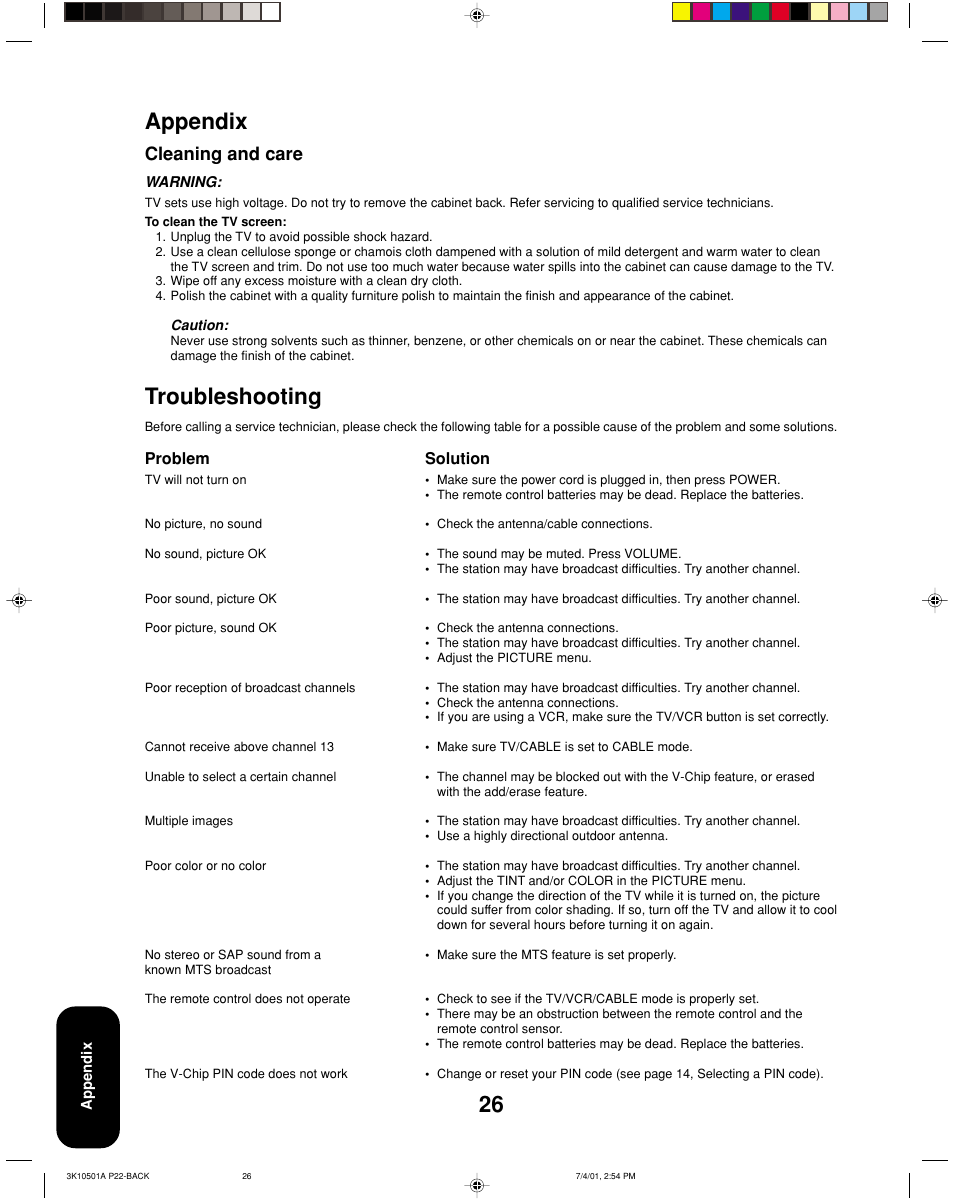 Appendix, Cleaning and care, Troubleshooting | 26 troubleshooting | Toshiba 27AX61 User Manual | Page 28 / 32