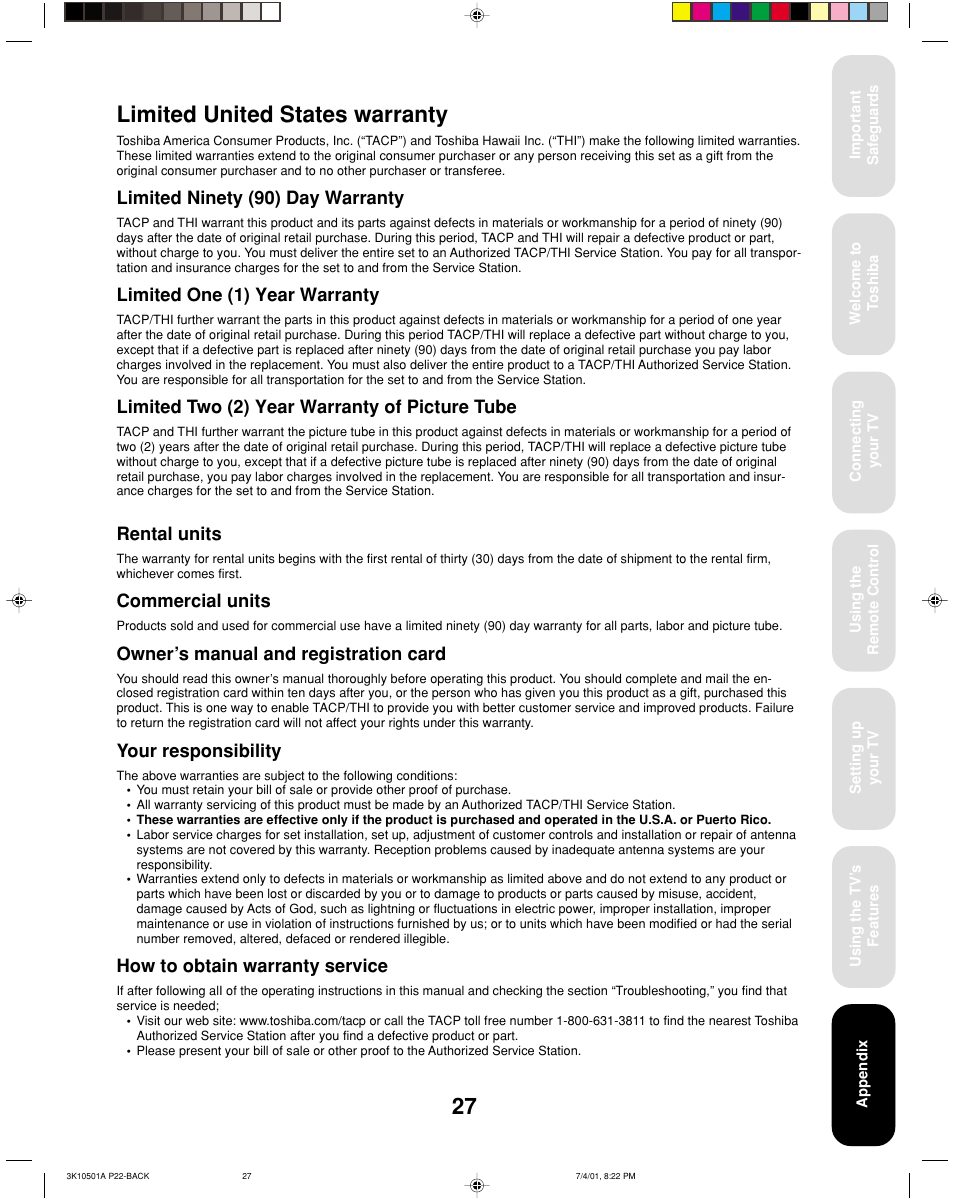 Limited united states warranty, Limited ninety (90) day warranty, Limited one (1) year warranty | Limited two (2) year warranty of picture tube, Rental units, Commercial units, Owner’s manual and registration card, Your responsibility, How to obtain warranty service | Toshiba 27AX61 User Manual | Page 29 / 32