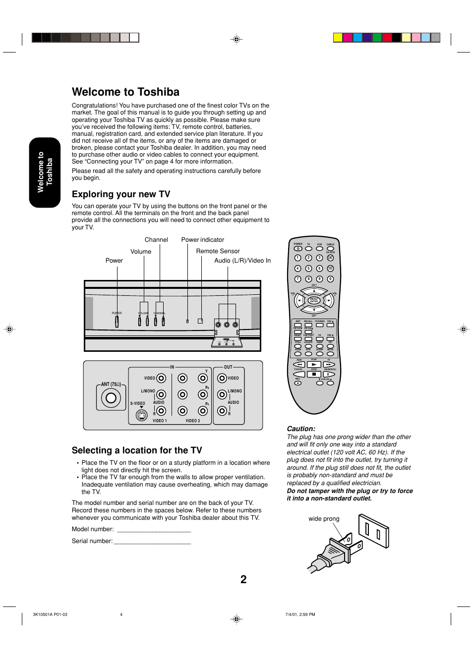 Welcome to toshiba, Selecting a location for the tv, Exploring your new tv | Caution, Welcome to t oshiba, Wide prong | Toshiba 27AX61 User Manual | Page 4 / 32