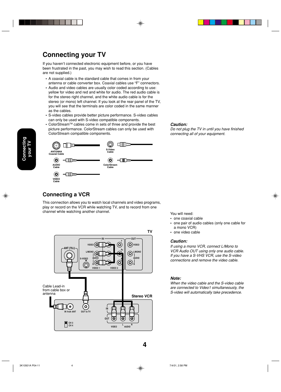 Connecting your tv, Connecting a vcr, Caution | Toshiba 27AX61 User Manual | Page 6 / 32