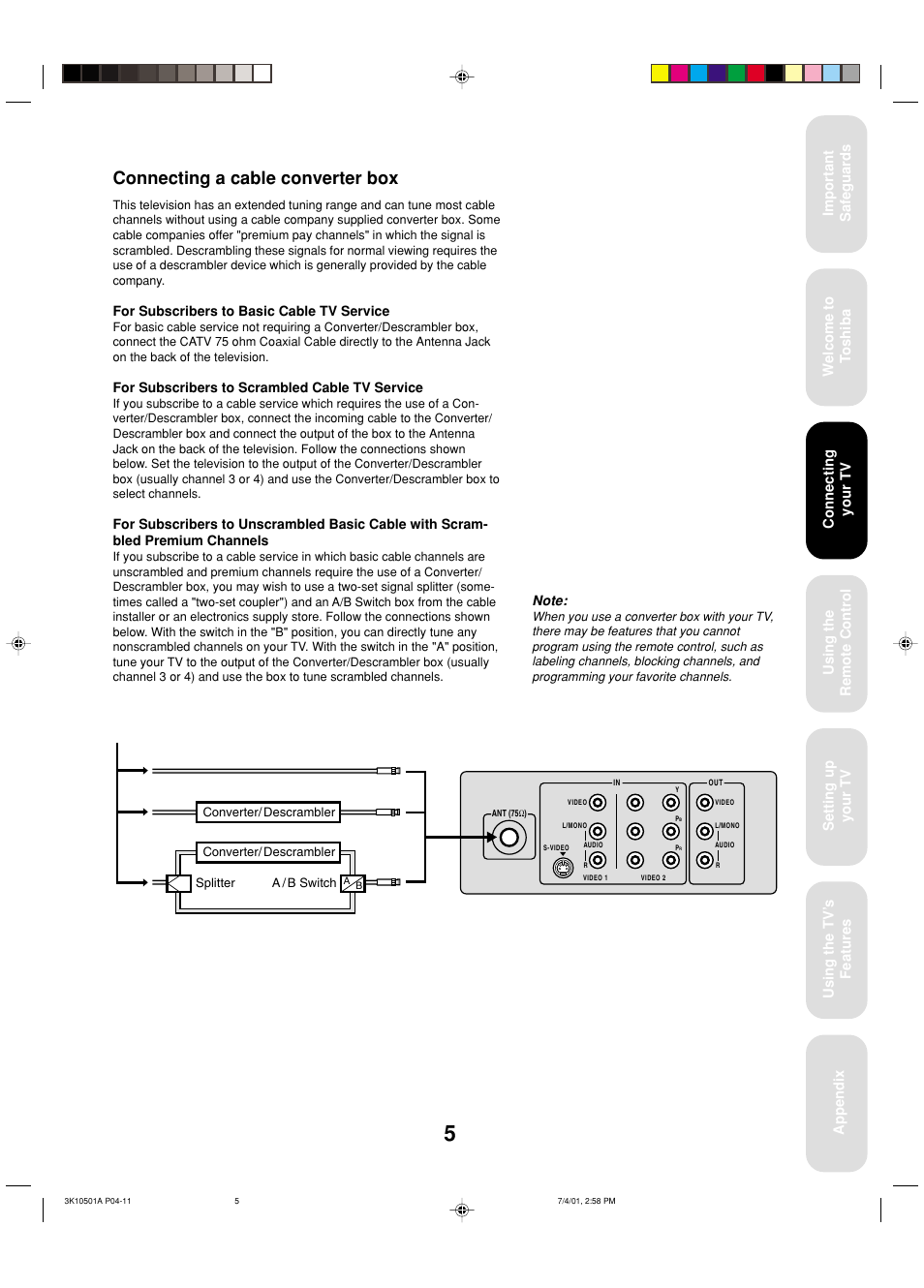 Cable converter box, Connecting a cable converter box | Toshiba 27AX61 User Manual | Page 7 / 32