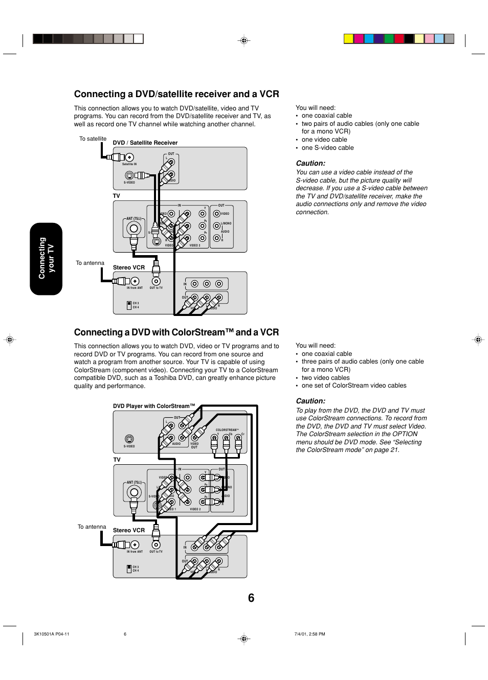 Dvd/satellite receiver and a vcr, Dvd with colorstream and a vcr, Connecting a dvd/satellite receiver and a vcr | Connecting a dvd with colorstream™ and a vcr, Caution, Connecting your tv | Toshiba 27AX61 User Manual | Page 8 / 32