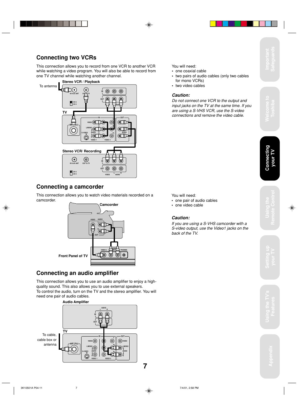 Two vcrs - camcorder - an audio amplifier, Connecting two vcrs, Connecting a camcorder | Connecting an audio amplifier, Caution, Connecting your tv | Toshiba 27AX61 User Manual | Page 9 / 32