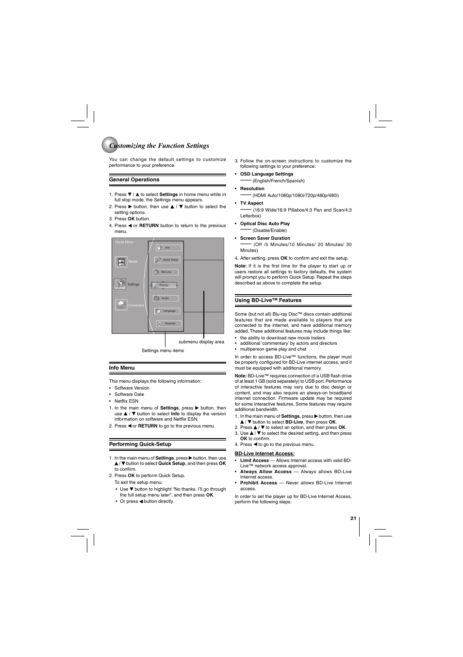 Customizing the function settings | Toshiba DISC BDX2250KU User Manual | Page 21 / 56