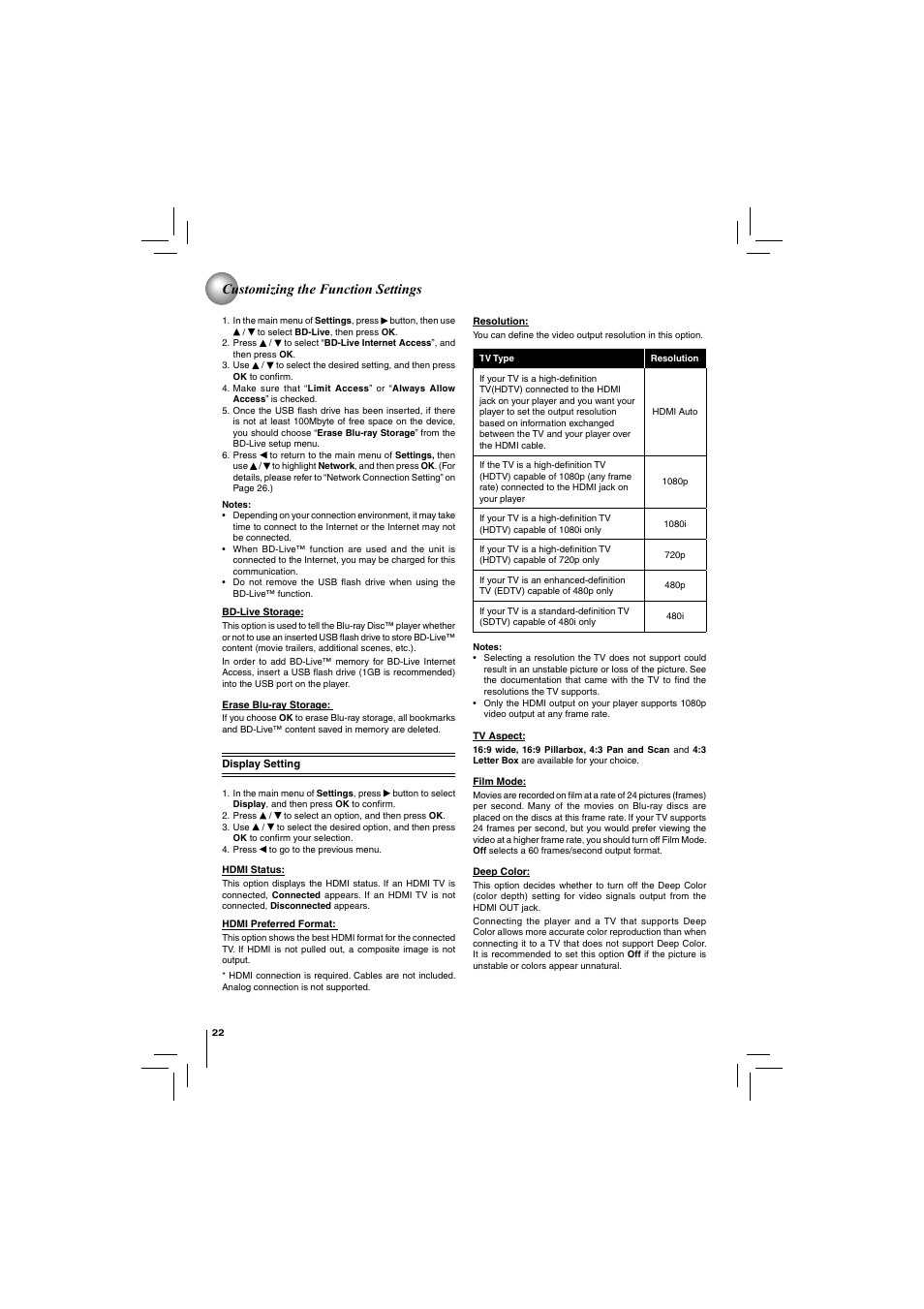 Customizing the function settings | Toshiba DISC BDX2250KU User Manual | Page 22 / 56