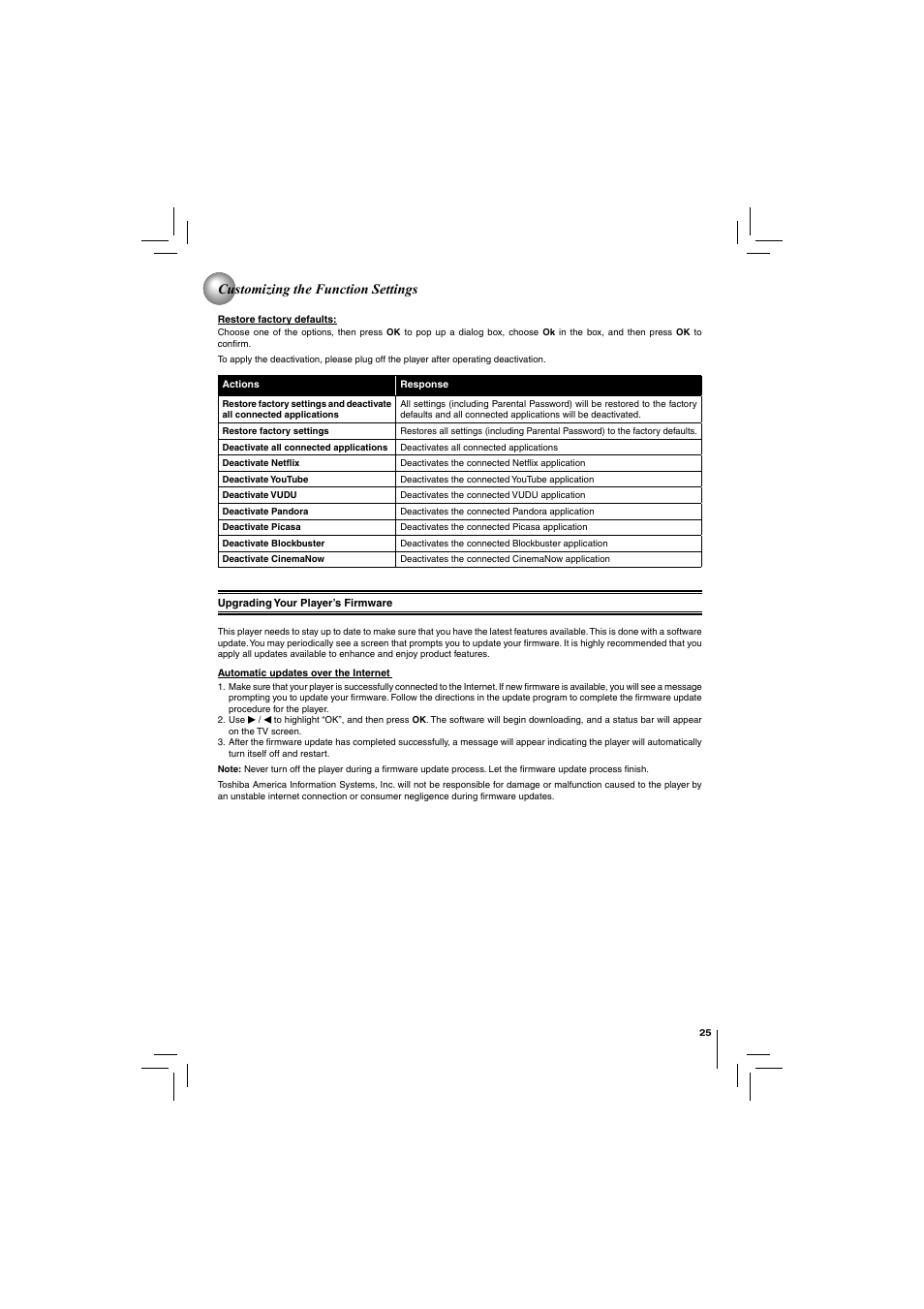 Customizing the function settings | Toshiba DISC BDX2250KU User Manual | Page 25 / 56