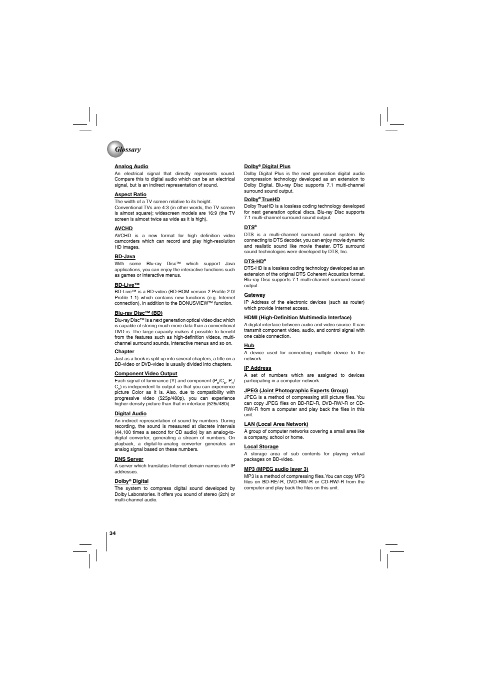 Glossary | Toshiba DISC BDX2250KU User Manual | Page 34 / 56