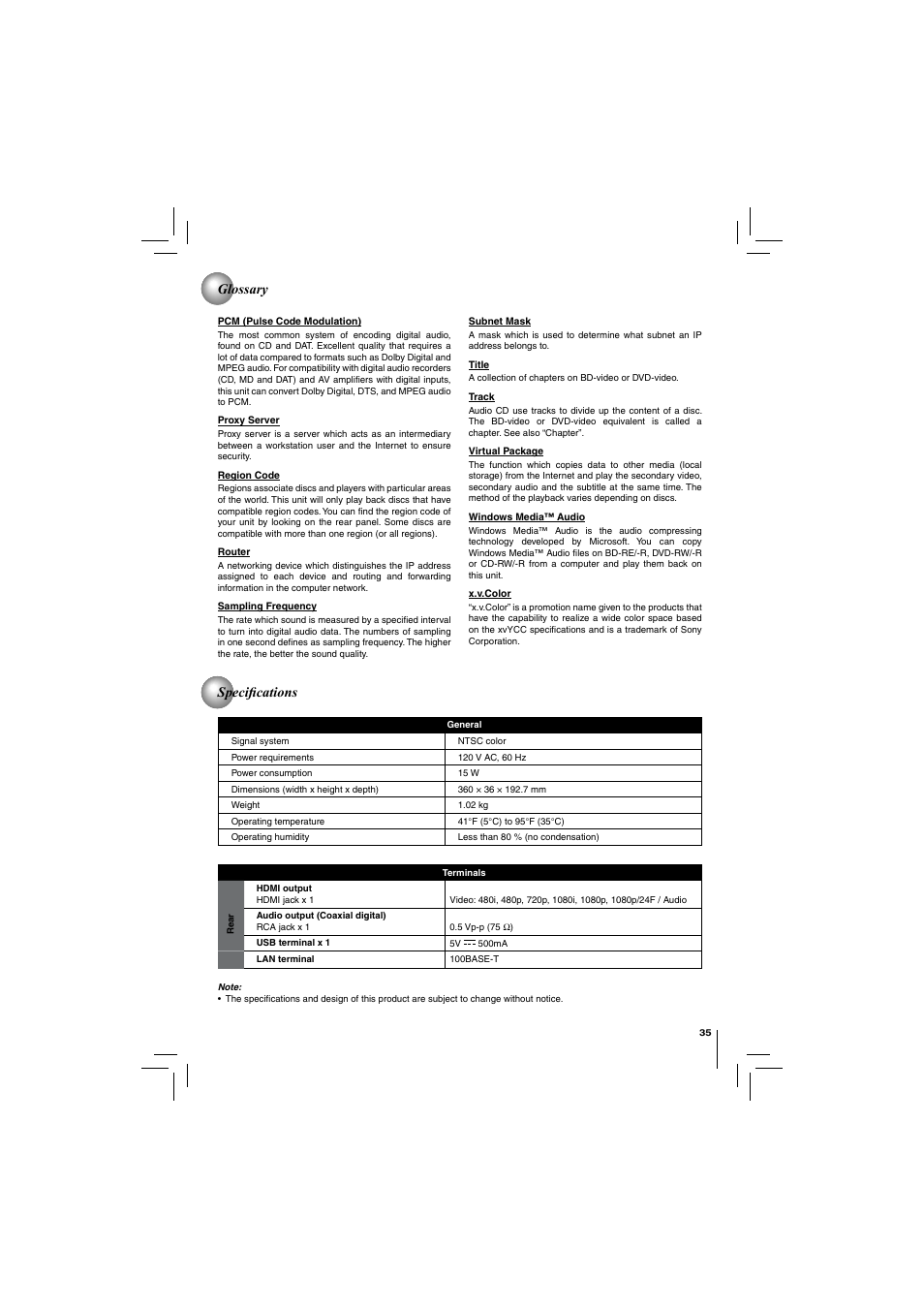 Glossary specifi cations | Toshiba DISC BDX2250KU User Manual | Page 35 / 56