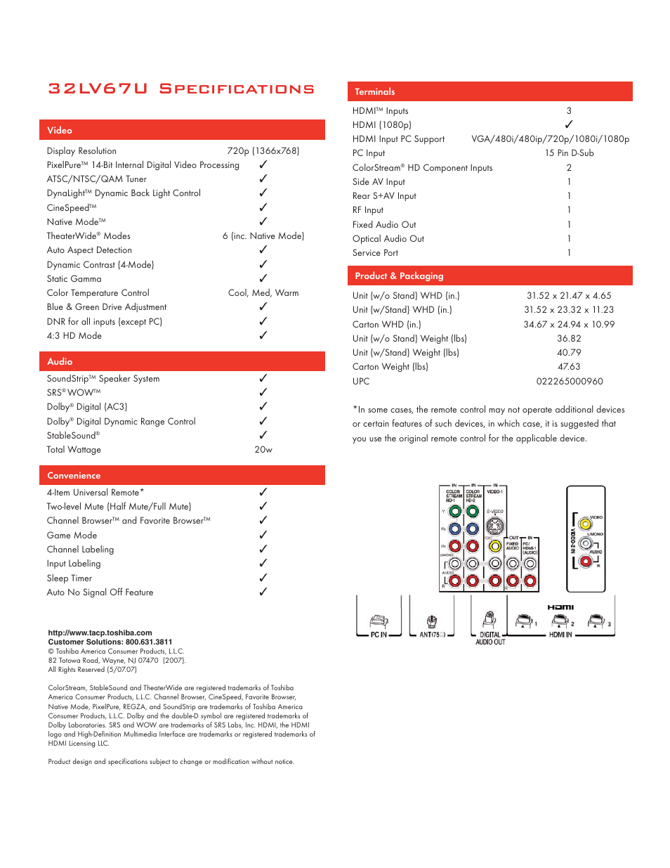 32lv67u specifications | Toshiba 32LV67U User Manual | Page 2 / 2