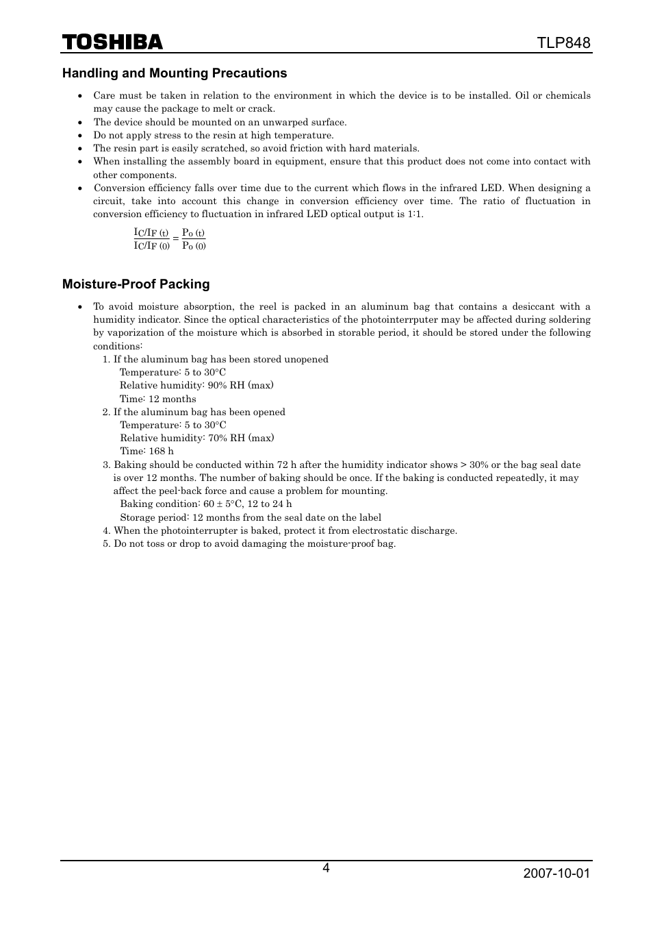 Handling and mounting precautions, Moisture-proof packing, Tlp848 | Toshiba TLP848 User Manual | Page 4 / 12