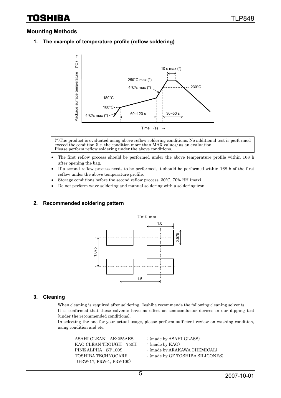 Mounting methods, Recommended soldering pattern, Cleaning | Tlp848 | Toshiba TLP848 User Manual | Page 5 / 12