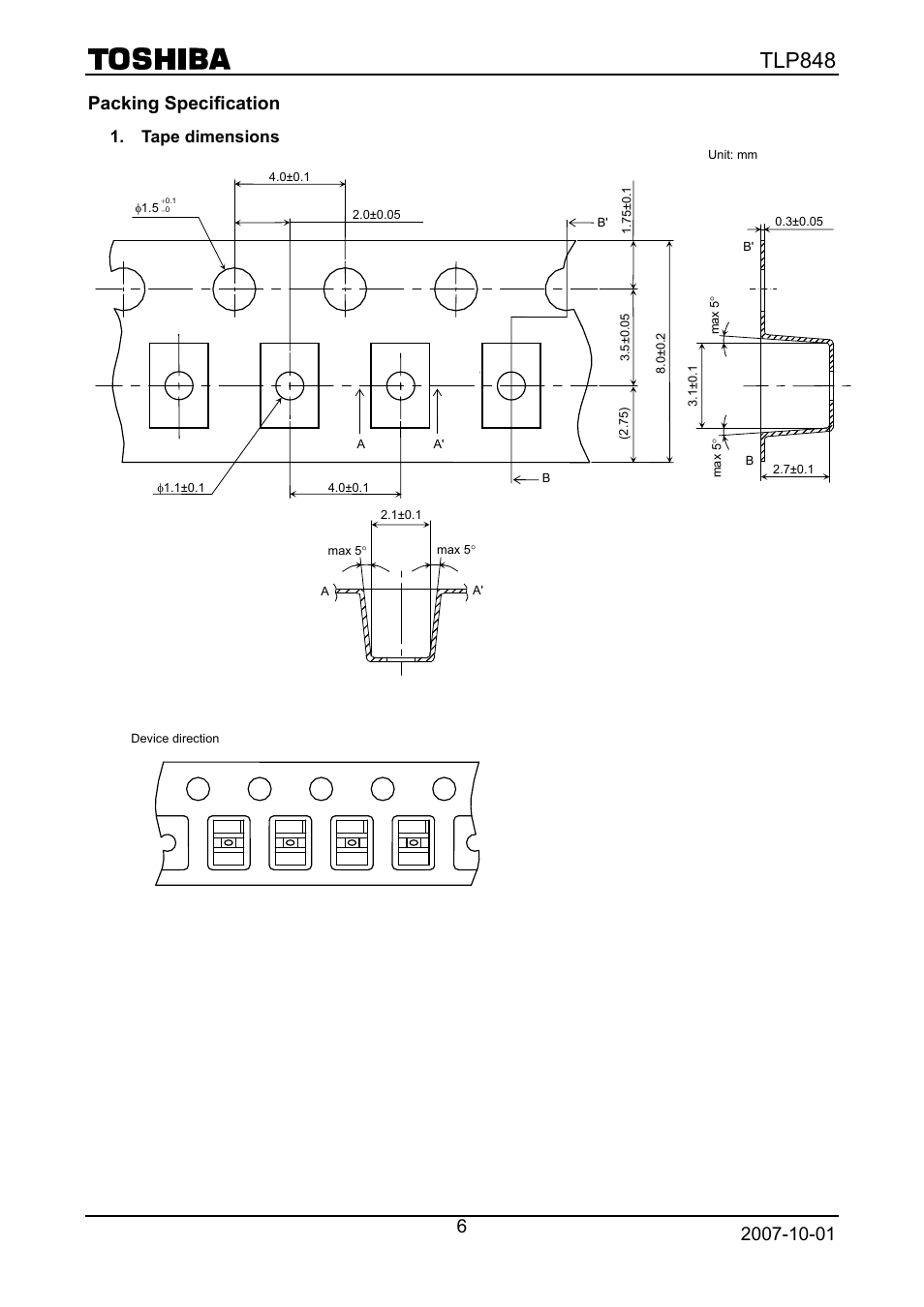 Packing specification, Tape dimensions, Tlp848 | Toshiba TLP848 User Manual | Page 6 / 12